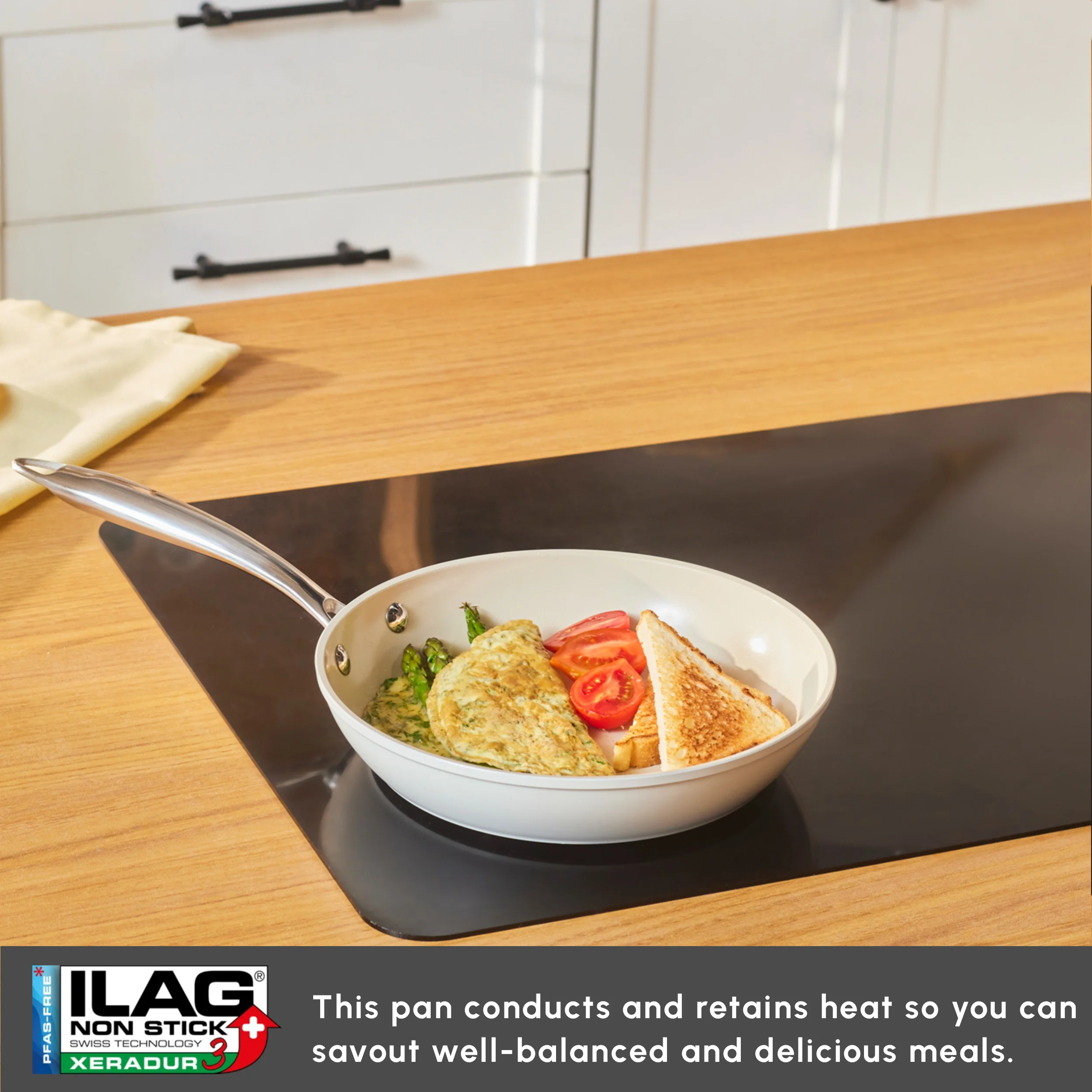 Karaca Swiss Crystal Almond Cream Non-Stick Induction Stainless Steel Handle Pan, 22cm, Cream - Image 6