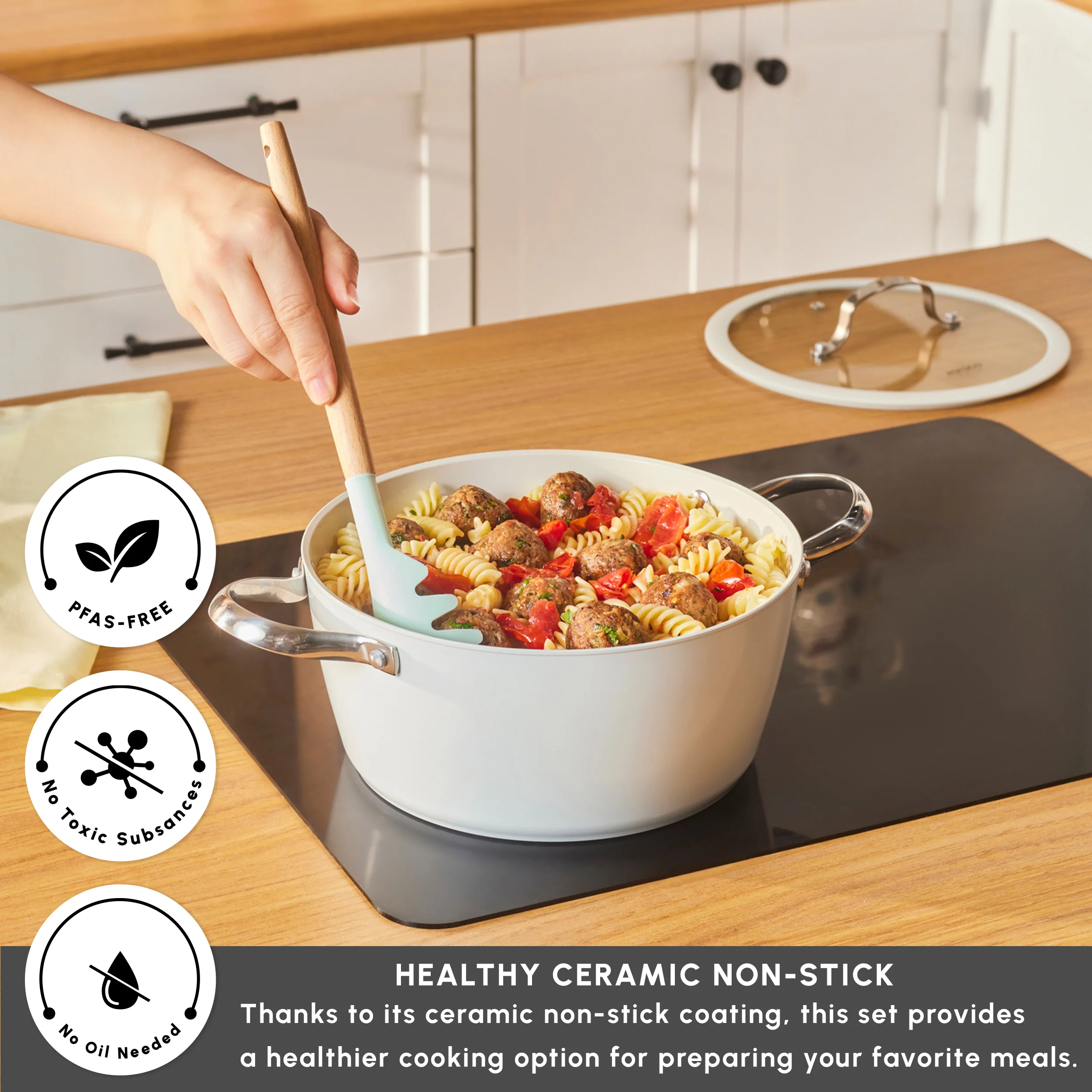 Karaca Swiss Crystal Almond Cream Non-Stick Induction Stainless Steel Handle Casserole & Lid, 24cm, Cream - Image 3