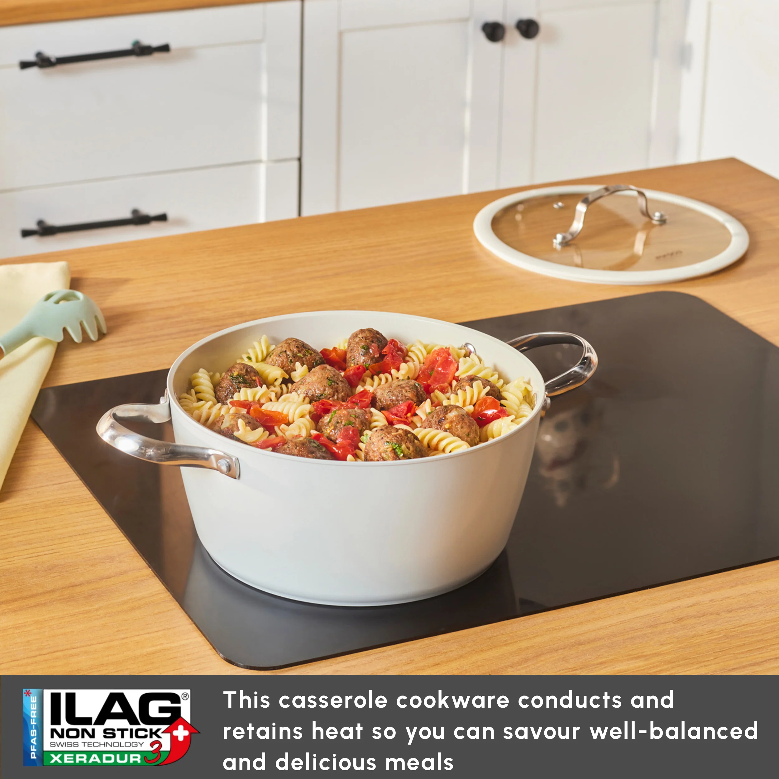 Karaca Swiss Crystal Almond Cream Non-Stick Induction Stainless Steel Handle Casserole & Lid, 24cm, Cream - Image 7