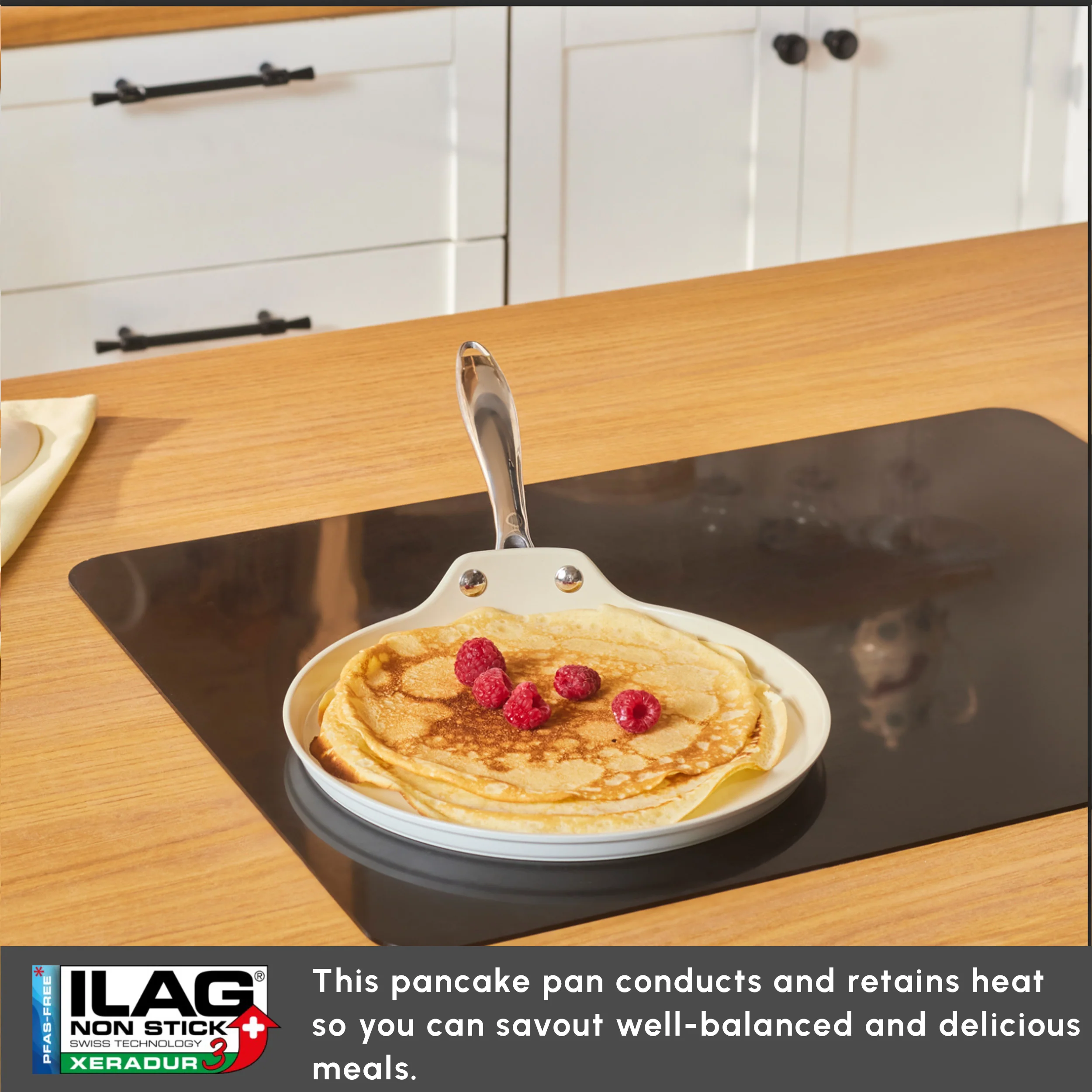 Karaca Swiss Crystal Almond Cream Non-Stick Induction Stainless Steel Handle Pancake Pan, 25cm, Cream - Image 7