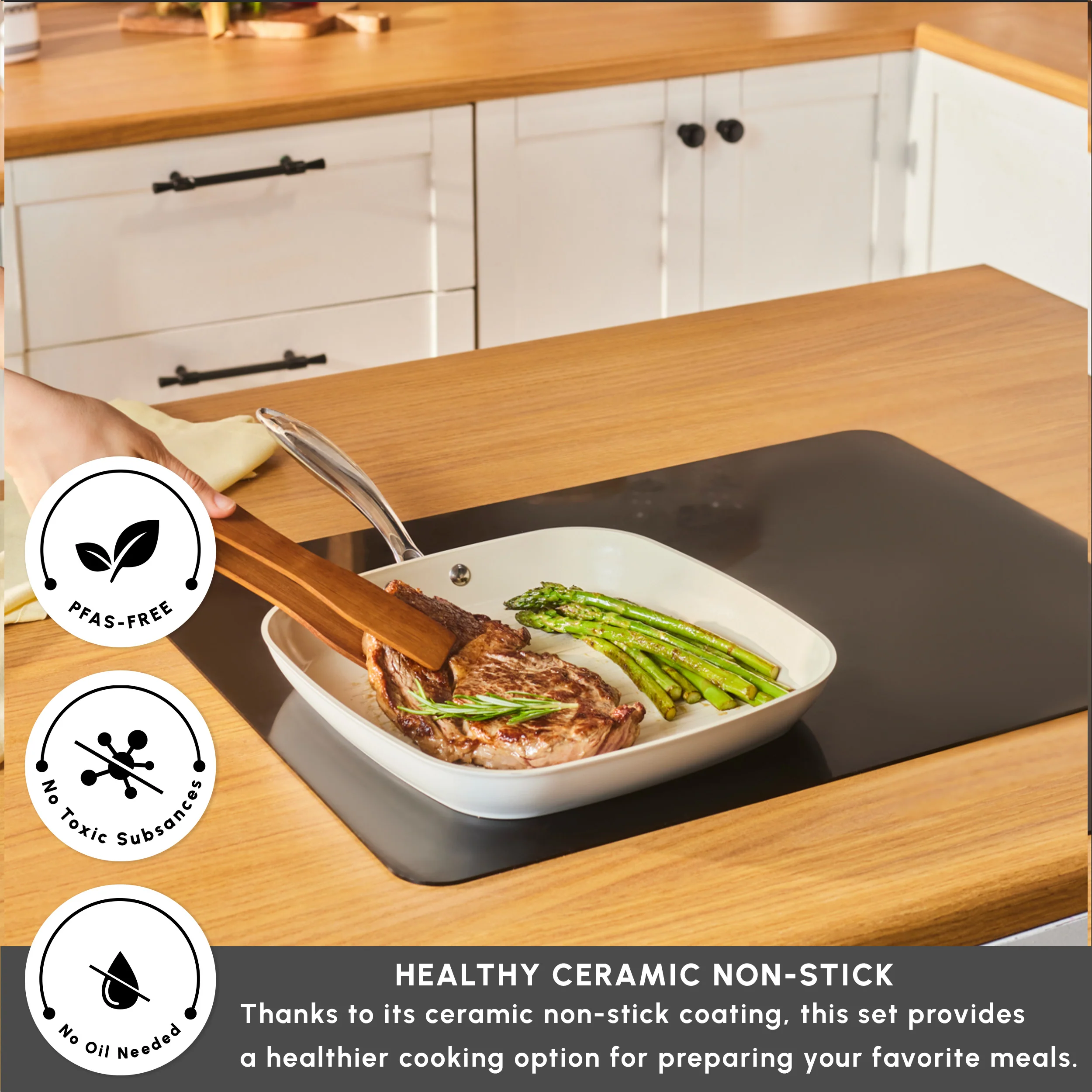 Karaca Swiss Crystal Almond Cream Non-Stick Induction Stainless Steel Handle Grill, 28cm, Cream - Image 3