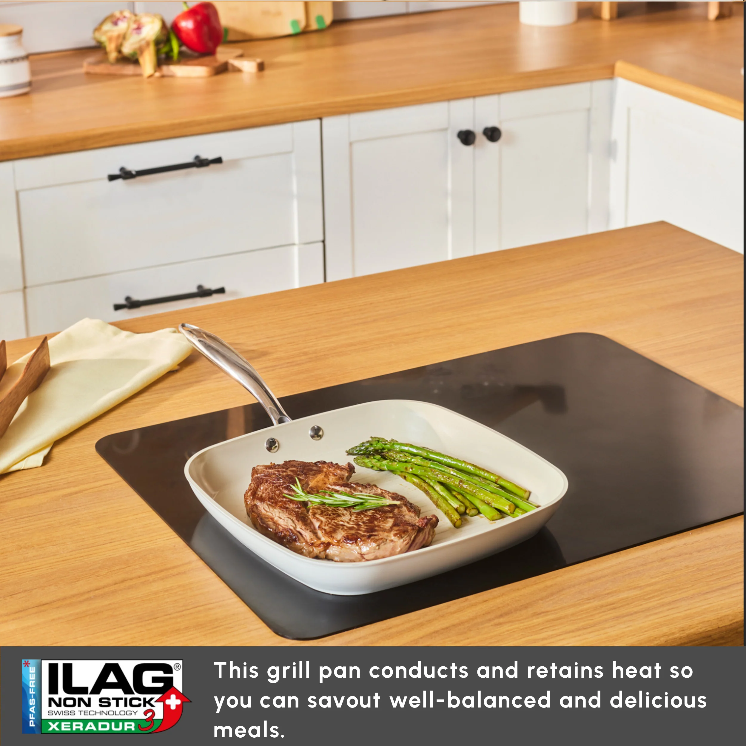 Karaca Swiss Crystal Almond Cream Non-Stick Induction Stainless Steel Handle Grill, 28cm, Cream - Image 7