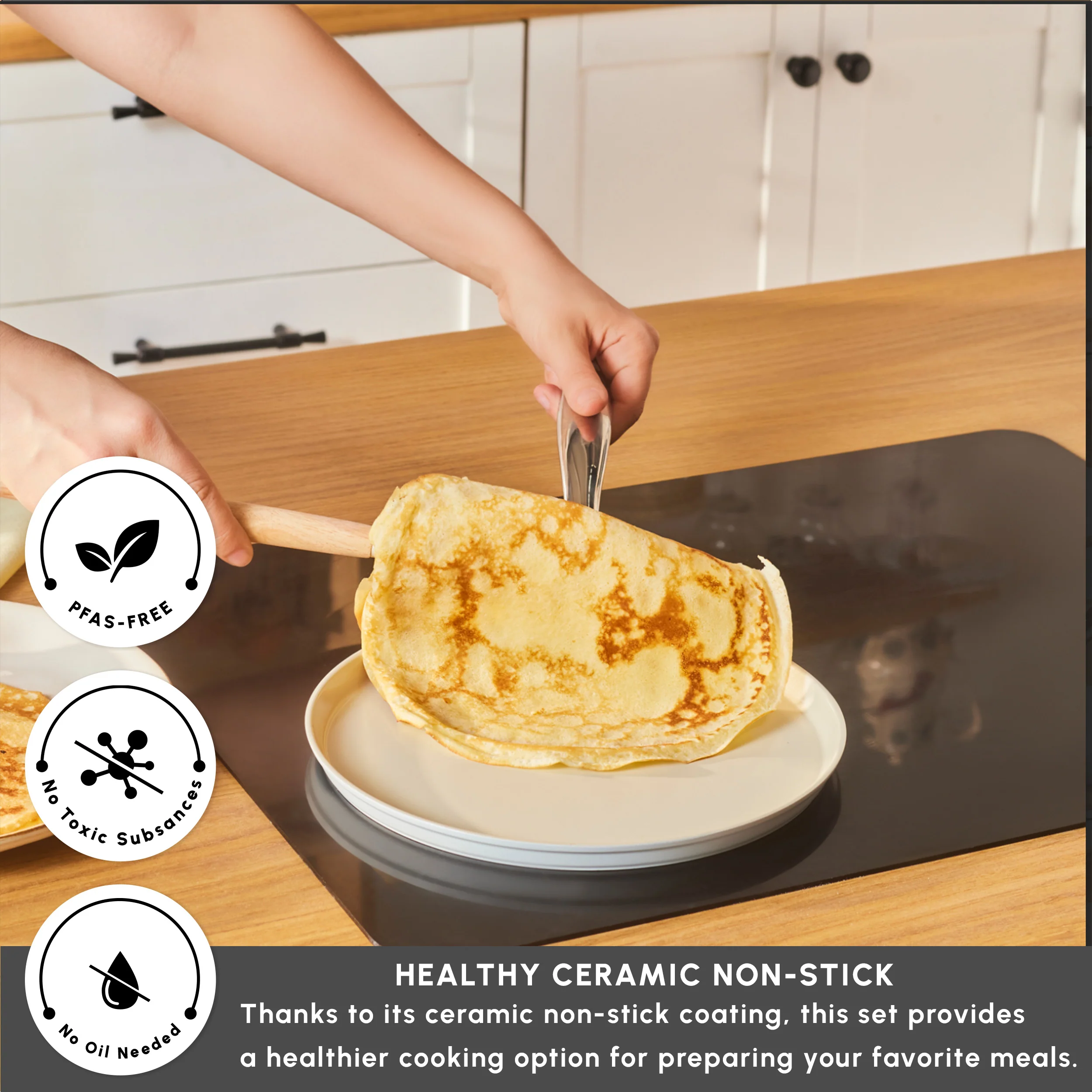 Karaca Swiss Crystal Almond Cream Non-Stick Induction Stainless Steel Handle Pancake Pan, 28cm, Cream - Image 3