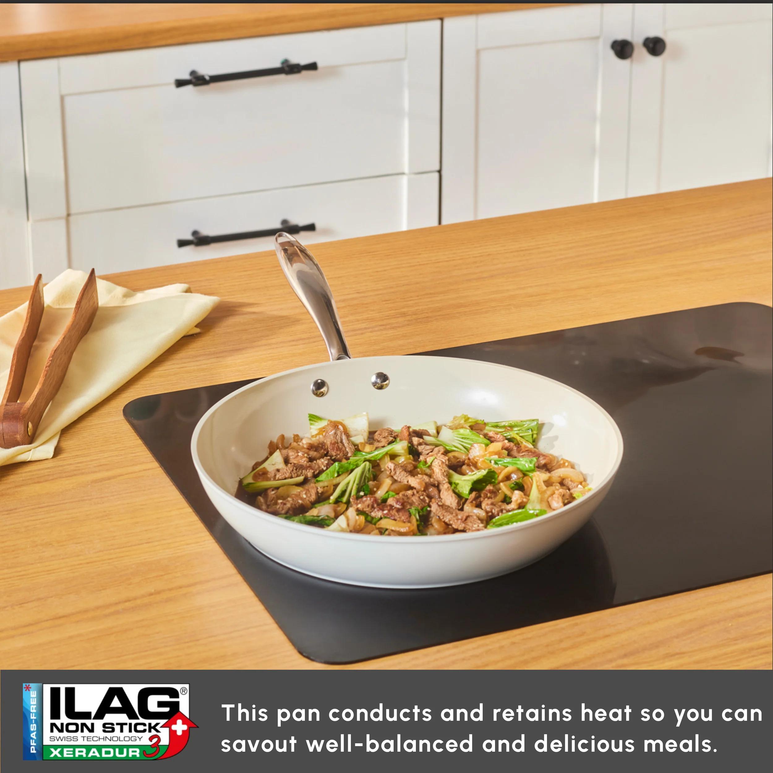 Karaca Swiss Crystal Almond Cream Non-Stick Induction Stainless Steel Handle Pan, 30cm, Cream - Image 3