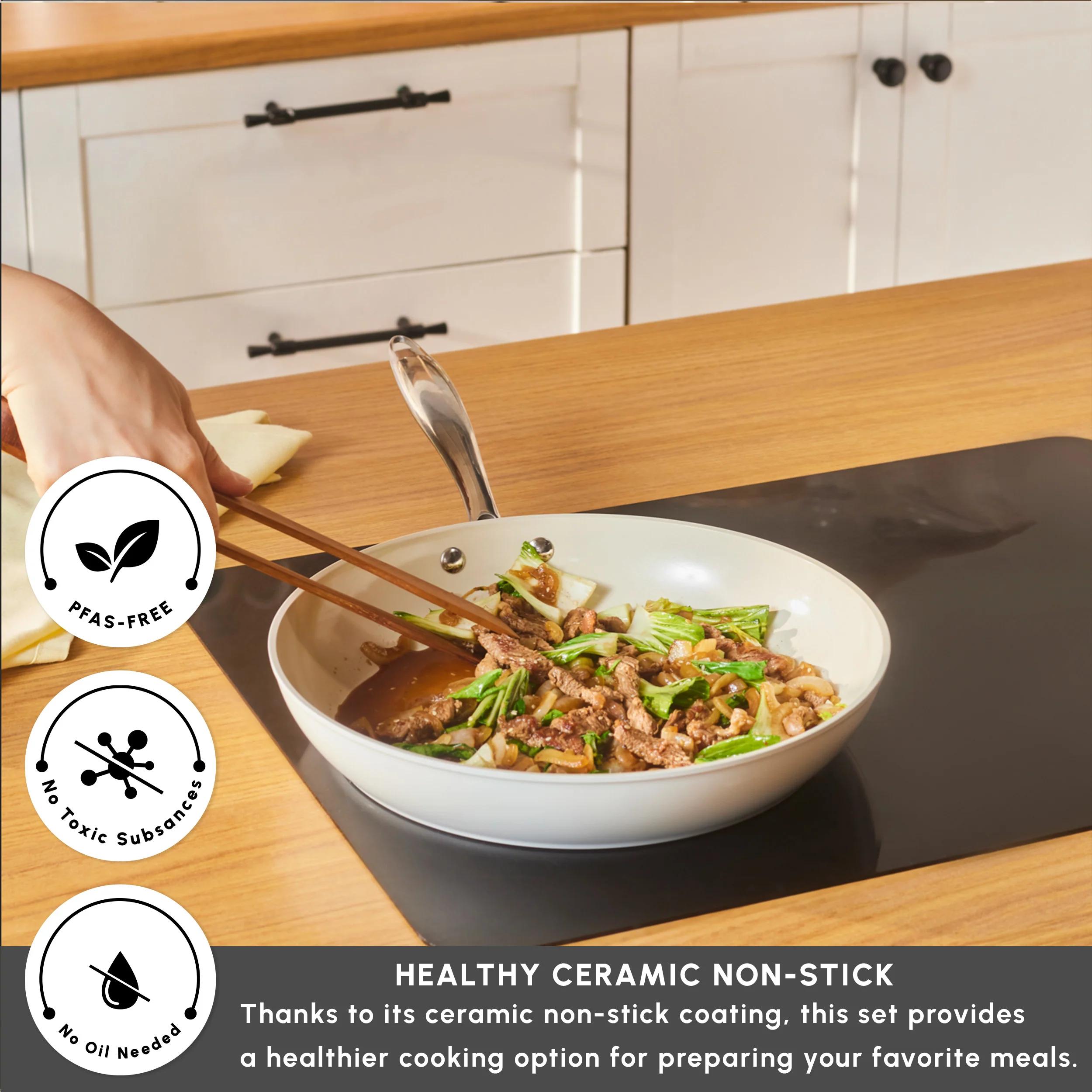Karaca Swiss Crystal Almond Cream Non-Stick Induction Stainless Steel Handle Pan, 30cm, Cream - Image 6