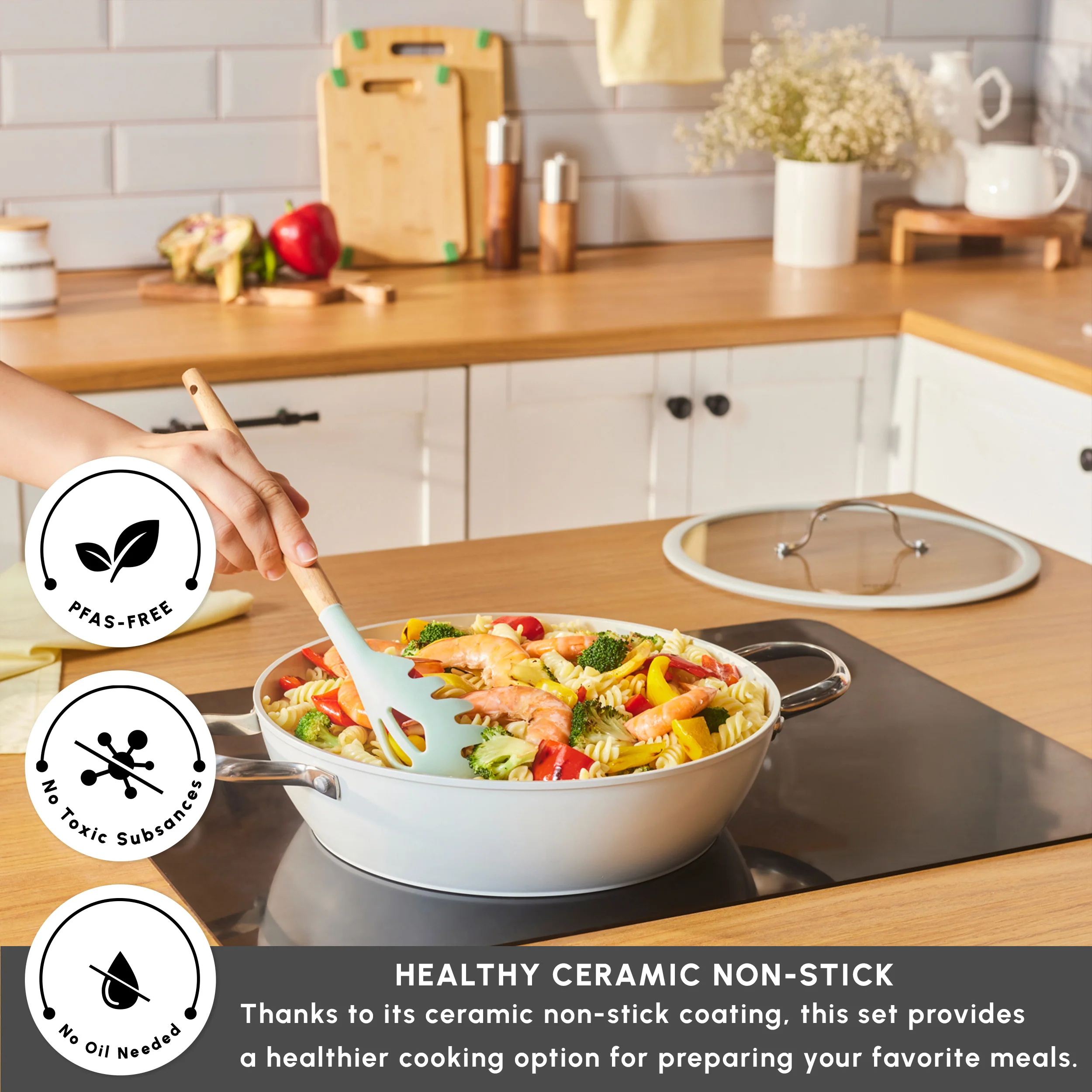 Karaca Swiss Crystal Almond Cream Non-Stick Induction Stainless Steel Handle Shallow Casserole & Lid, 30cm, Cream - Image 3