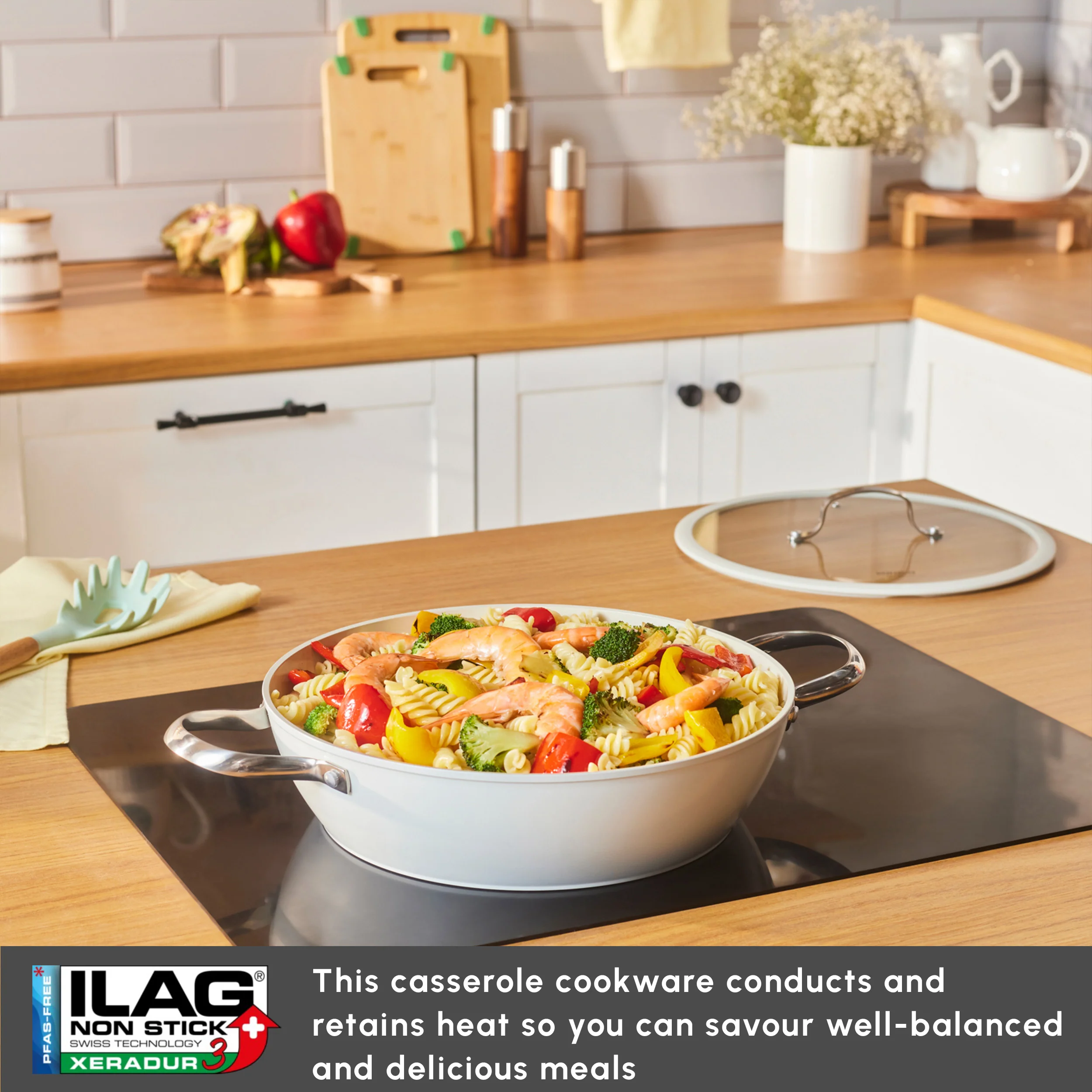 Karaca Swiss Crystal Almond Cream Non-Stick Induction Stainless Steel Handle Shallow Casserole & Lid, 30cm, Cream - Image 7