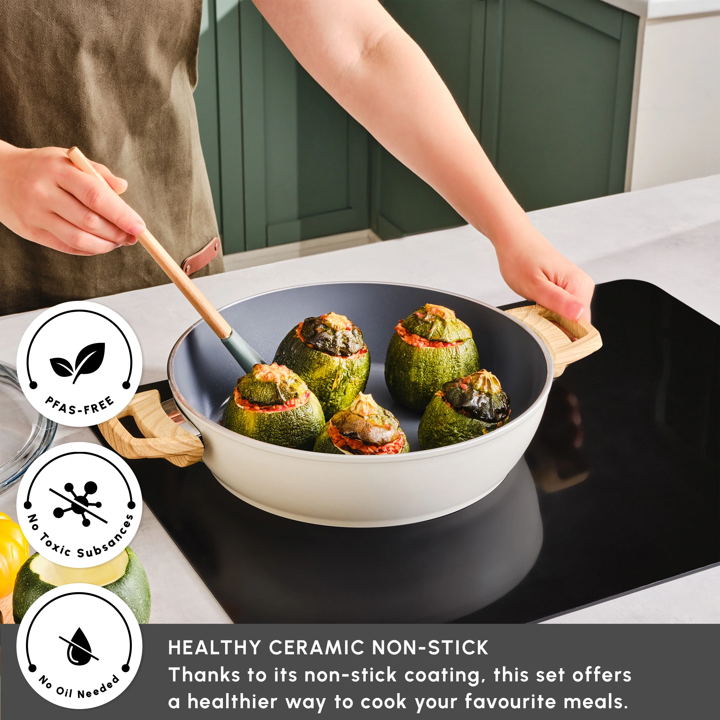 Karaca Swiss Crystal Non-Stick Induction Casserole, 30cm, Creamy - Image 3