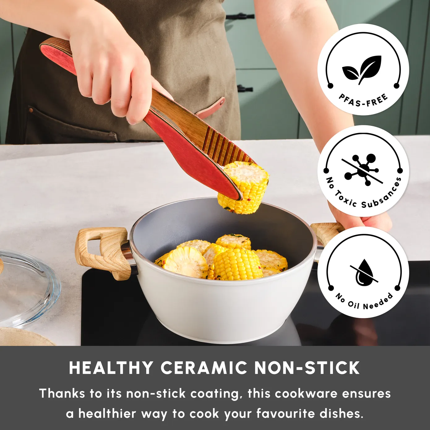 Karaca Swiss Crystal Non-Stick Induction Stockpot with Lid, 20cm, Creamy - Image 6