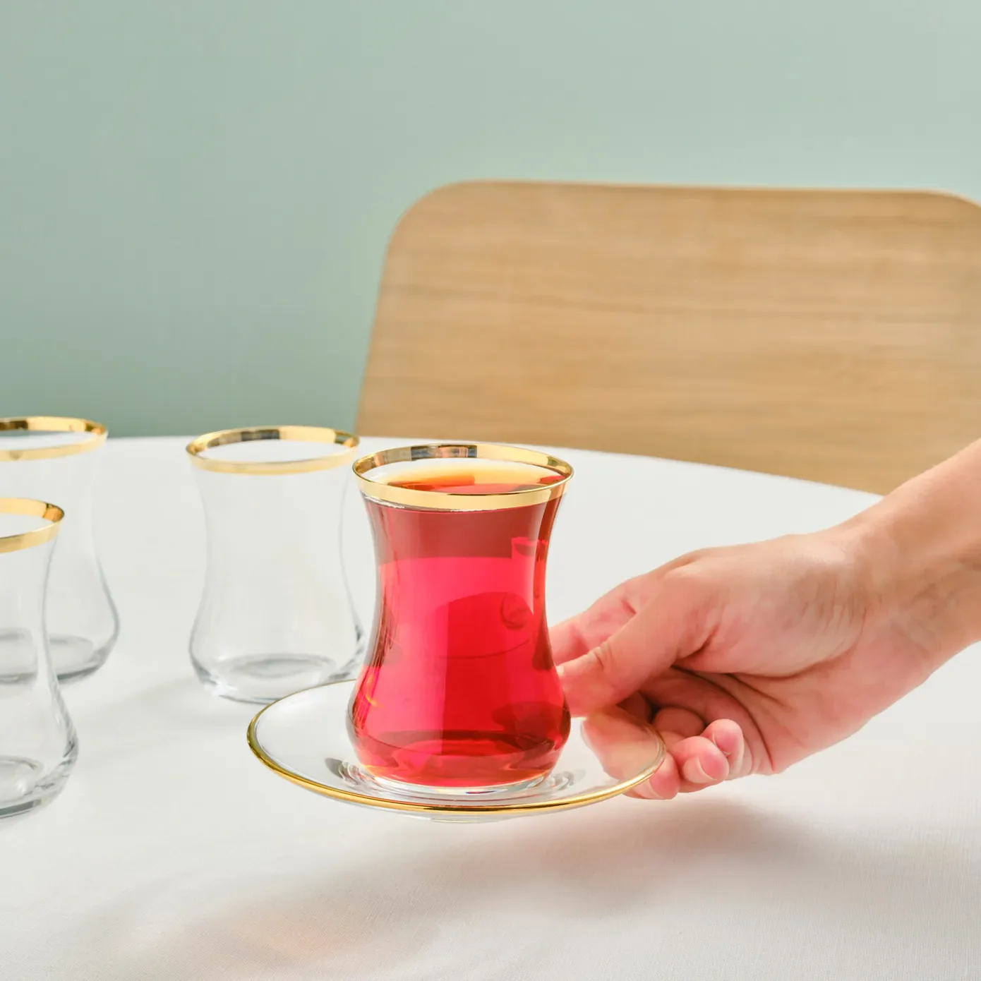 Karaca Sydney 12-Piece Glass Turkish Tea Set for 6 People, Gold - Image 3