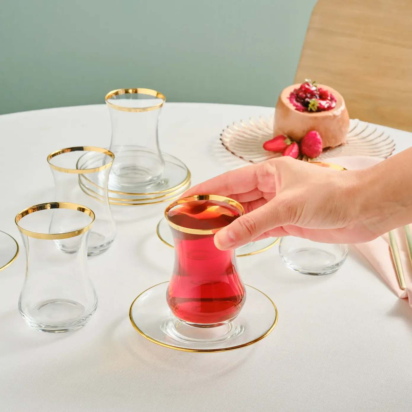 Karaca Sydney 12-Piece Glass Turkish Tea Set for 6 People, Gold - Image 5