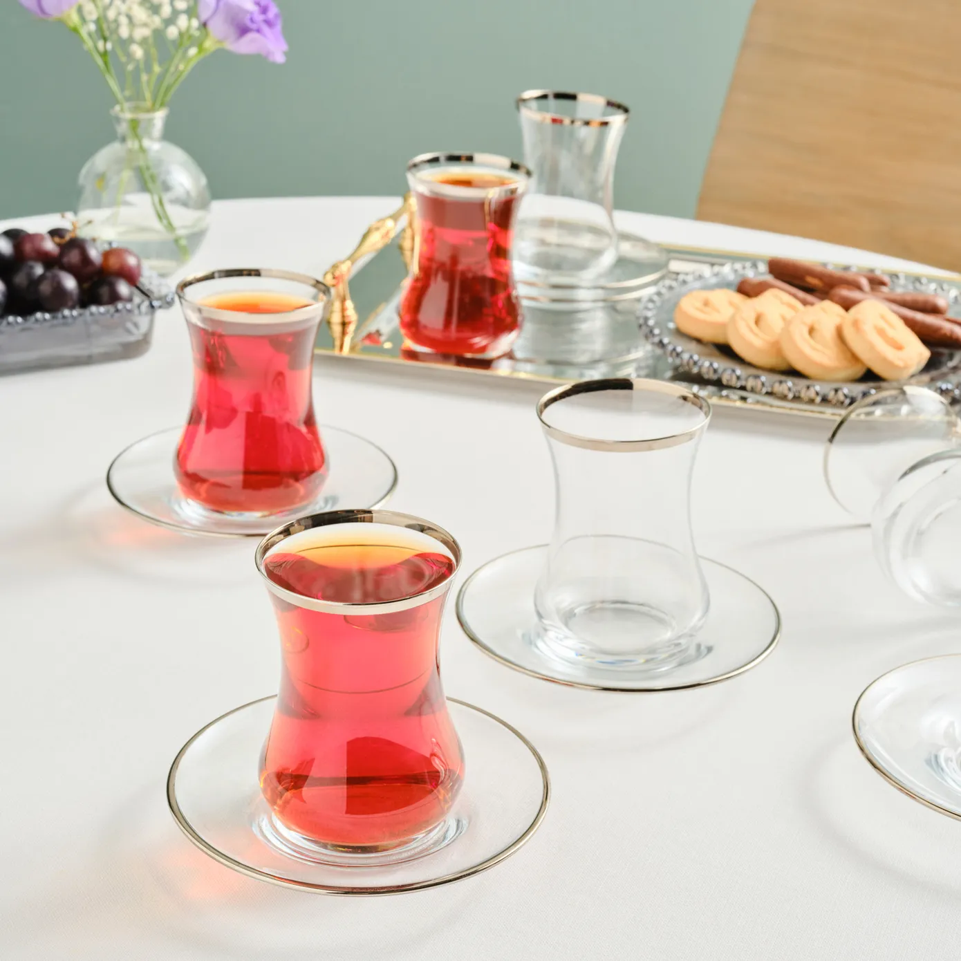 Karaca Sydney 12-Piece Glass Turkish Tea Set for 6 People, Platinum - Image 5