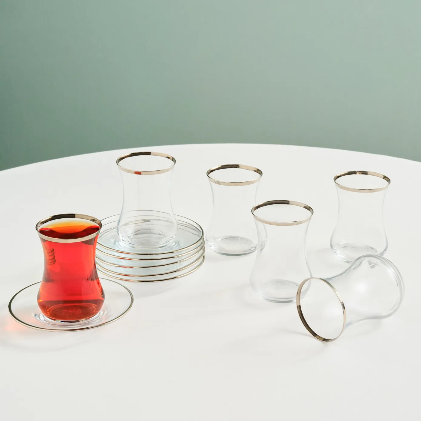 Karaca Sydney 12-Piece Glass Turkish Tea Set for 6 People, Platinum - Image 6