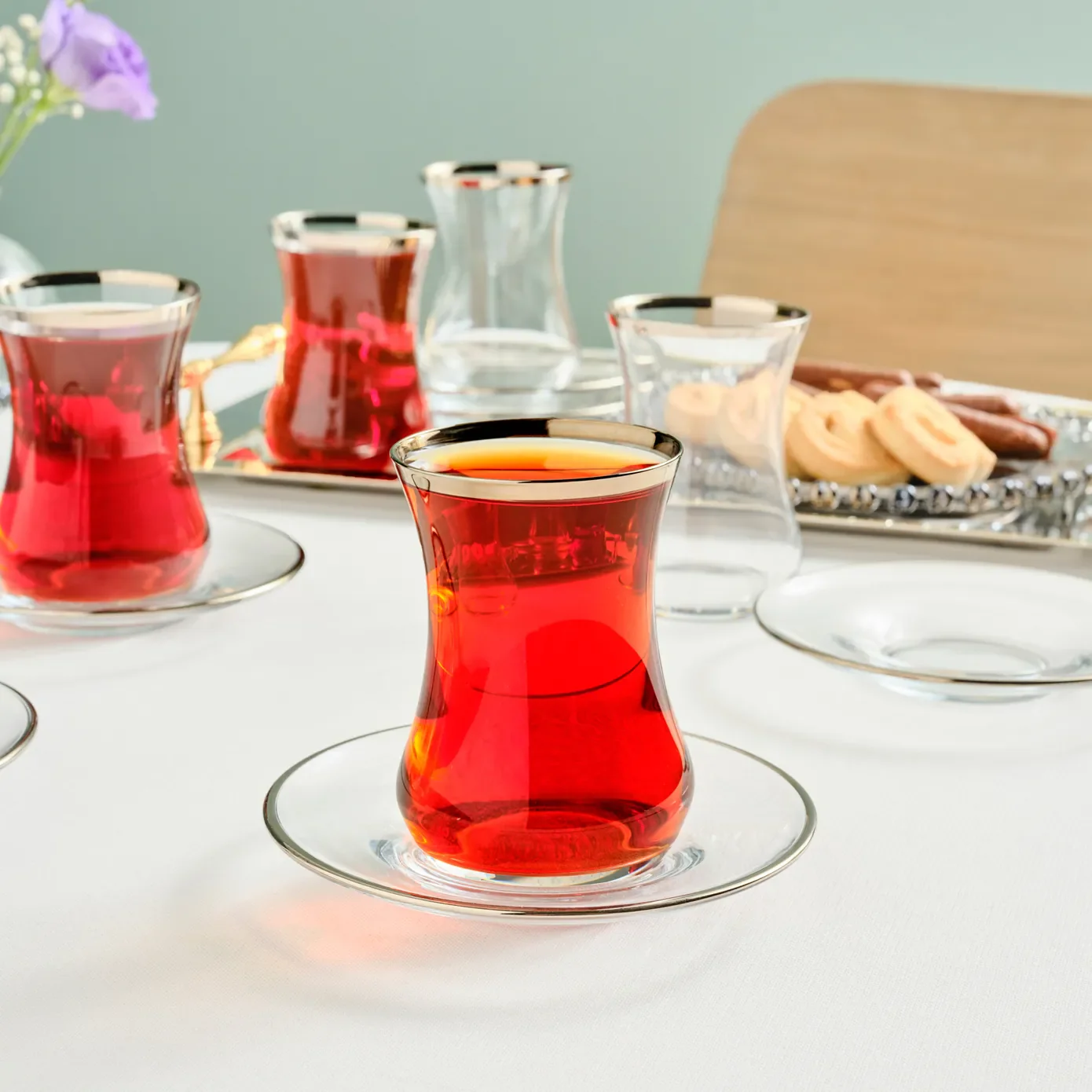 Karaca Sydney 12-Piece Glass Turkish Tea Set for 6 People, Platinum - Image 8