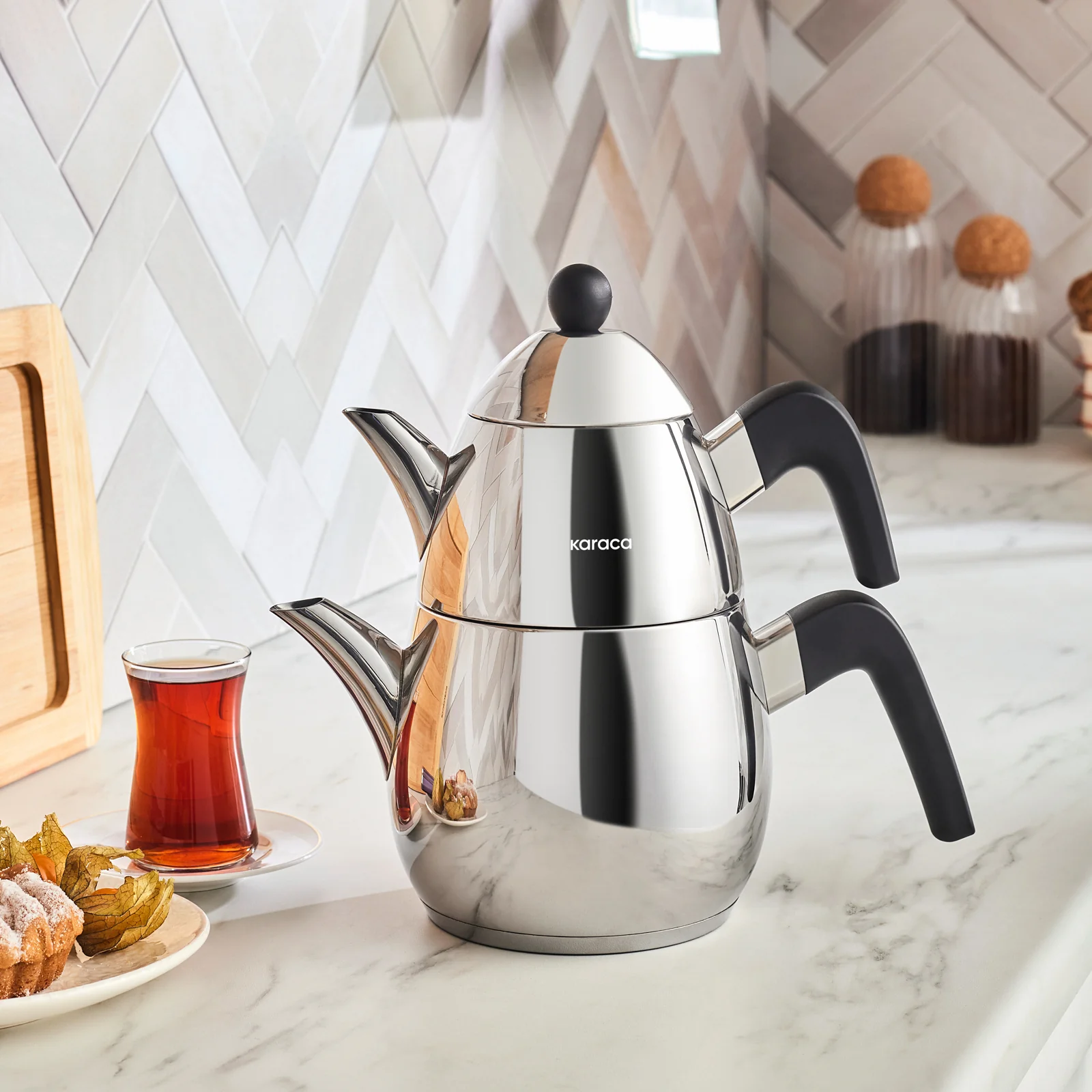 Karaca Tokyo PowerSteel Pro 316+ Stainless Steel Induction Teapot Set, Midi, Silver Black