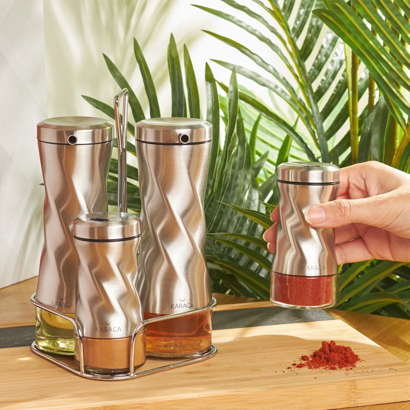 Karaca Tottori 4 Piece Glass Spice Rack Set and Salad Sauce Set with Stand, Inox - Image 3