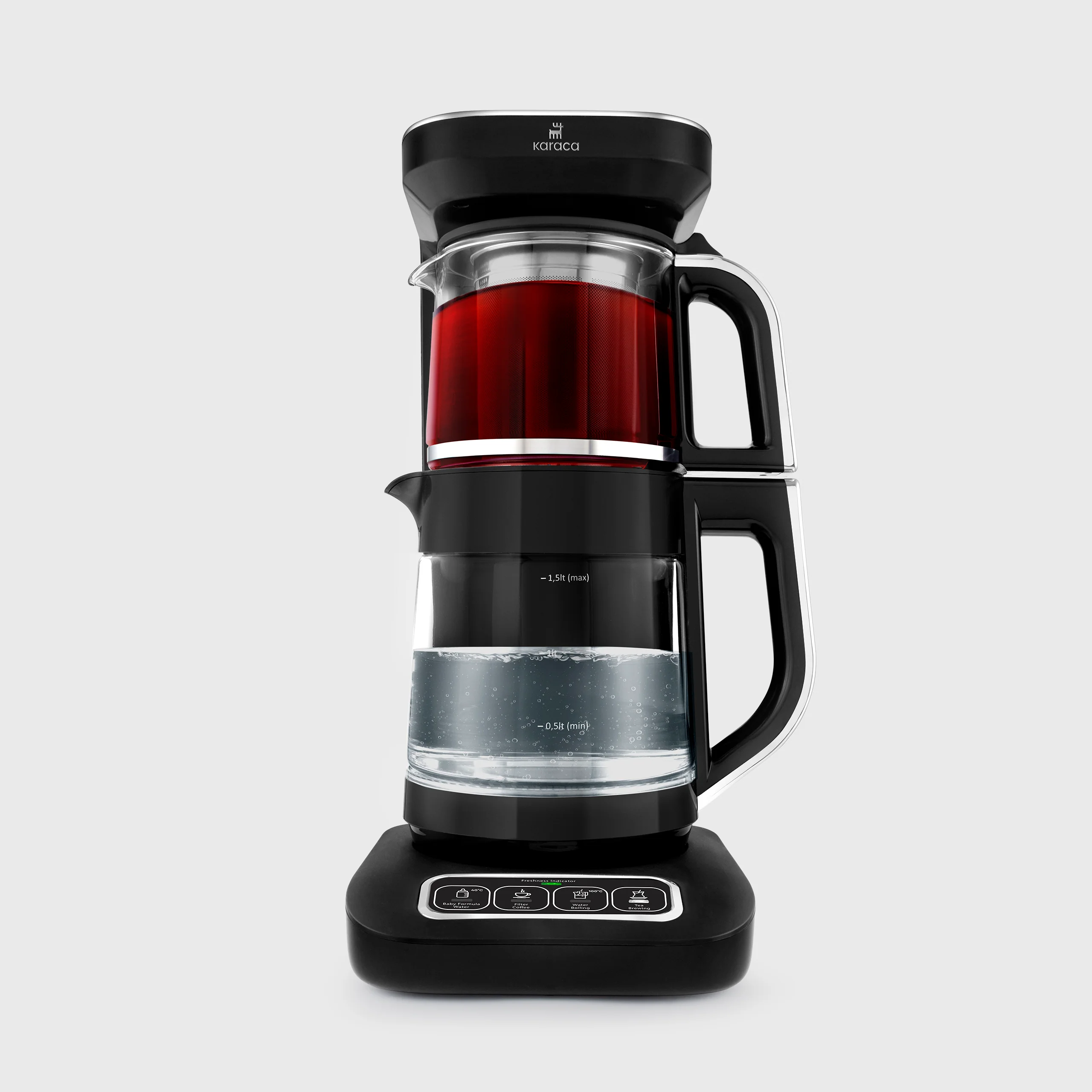 Karaca Çaysever Robotea Pro 4 in 1 Talking Automatic Glass Tea Maker, Water Heater, and Filter Coffee Brewing Machine, 2500W, Black Chrome - Image 2