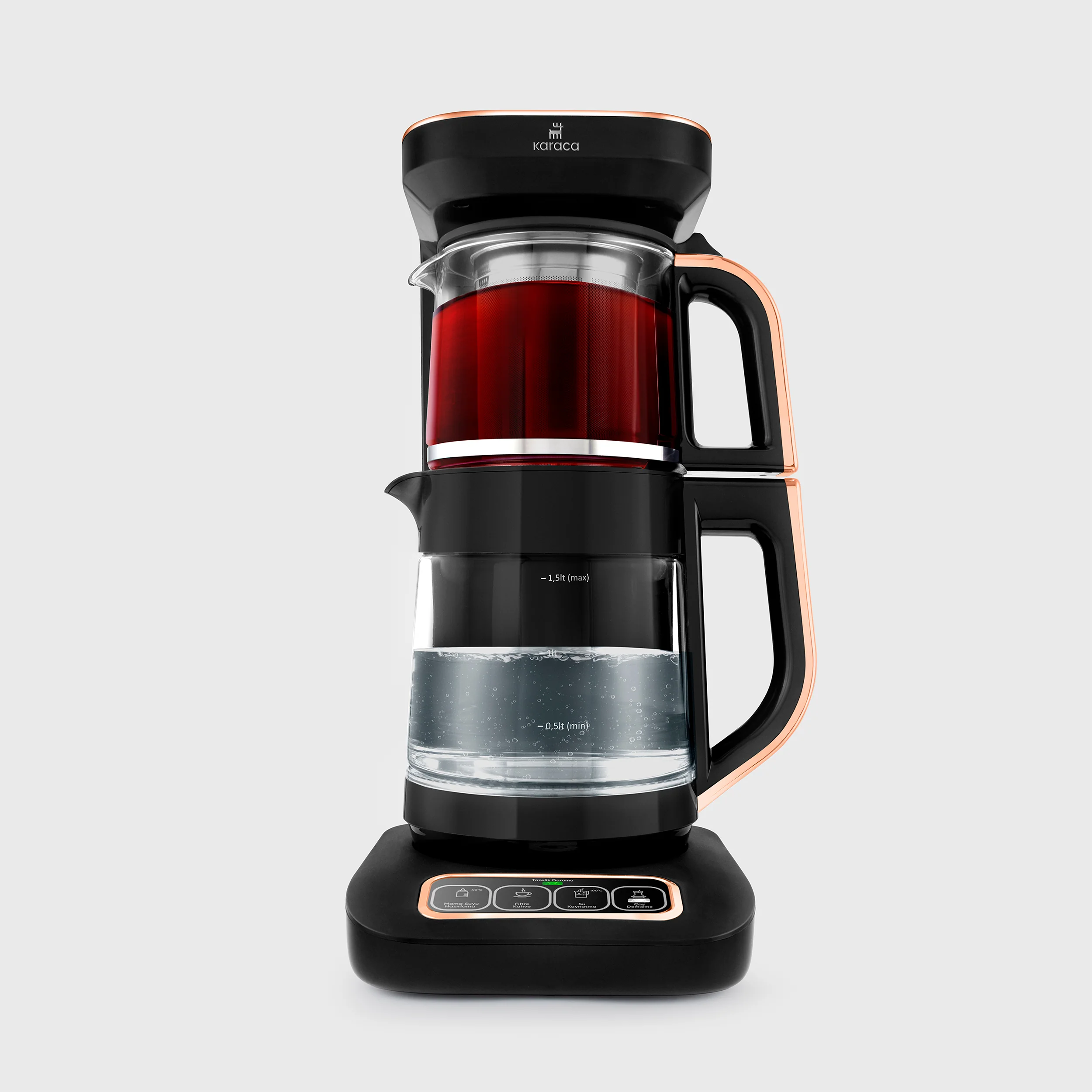Karaca Çaysever Robotea Pro 4 in 1 Talking Automatic Glass Tea Maker, Water Heater, and Filter Coffee Brewing Machine, 2500W, Black Copper