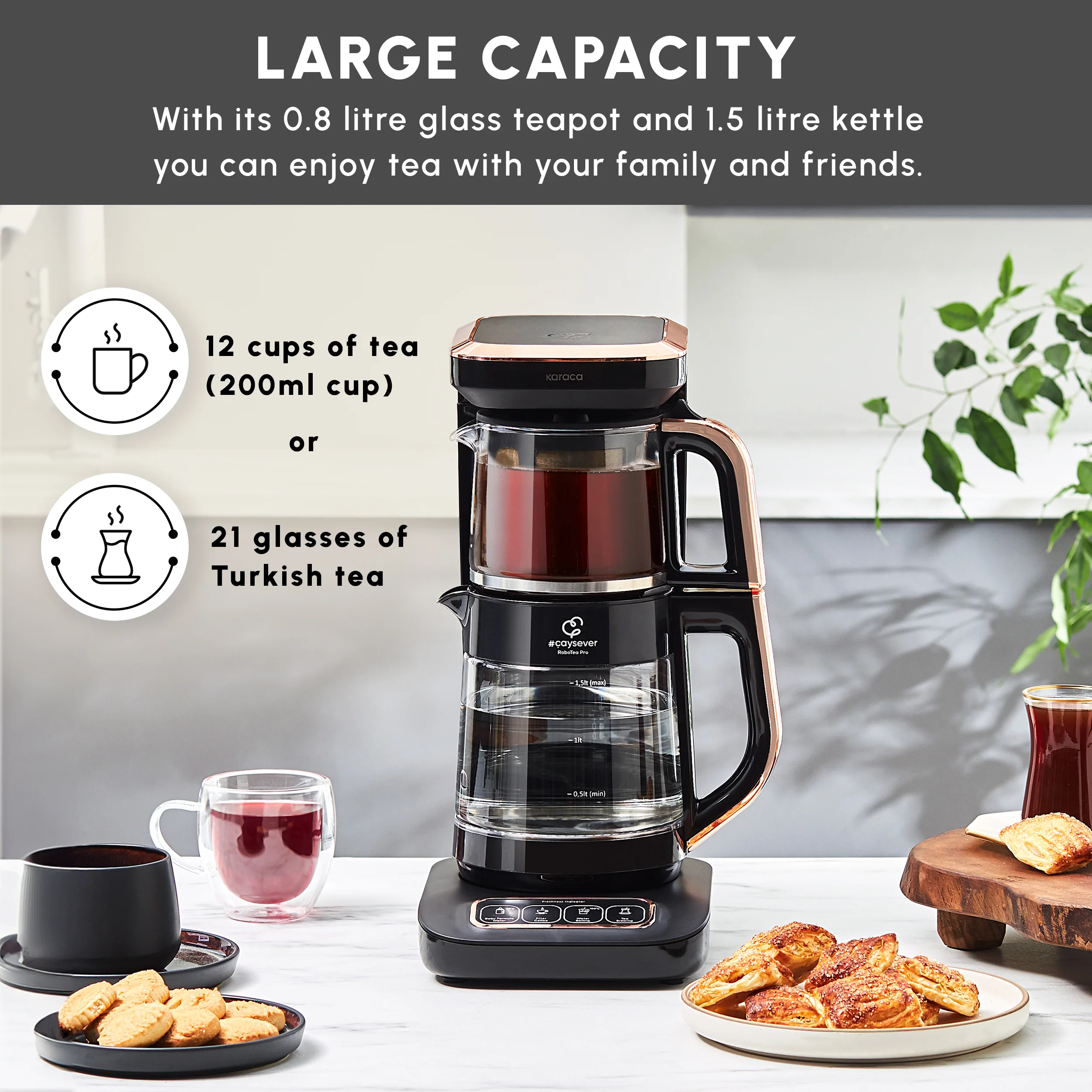 Karaca Çaysever Robotea Pro 4 in 1 Talking Automatic Glass Tea Maker, Water Heater, and Filter Coffee Brewing Machine, 2500W, Black Copper - Image 3