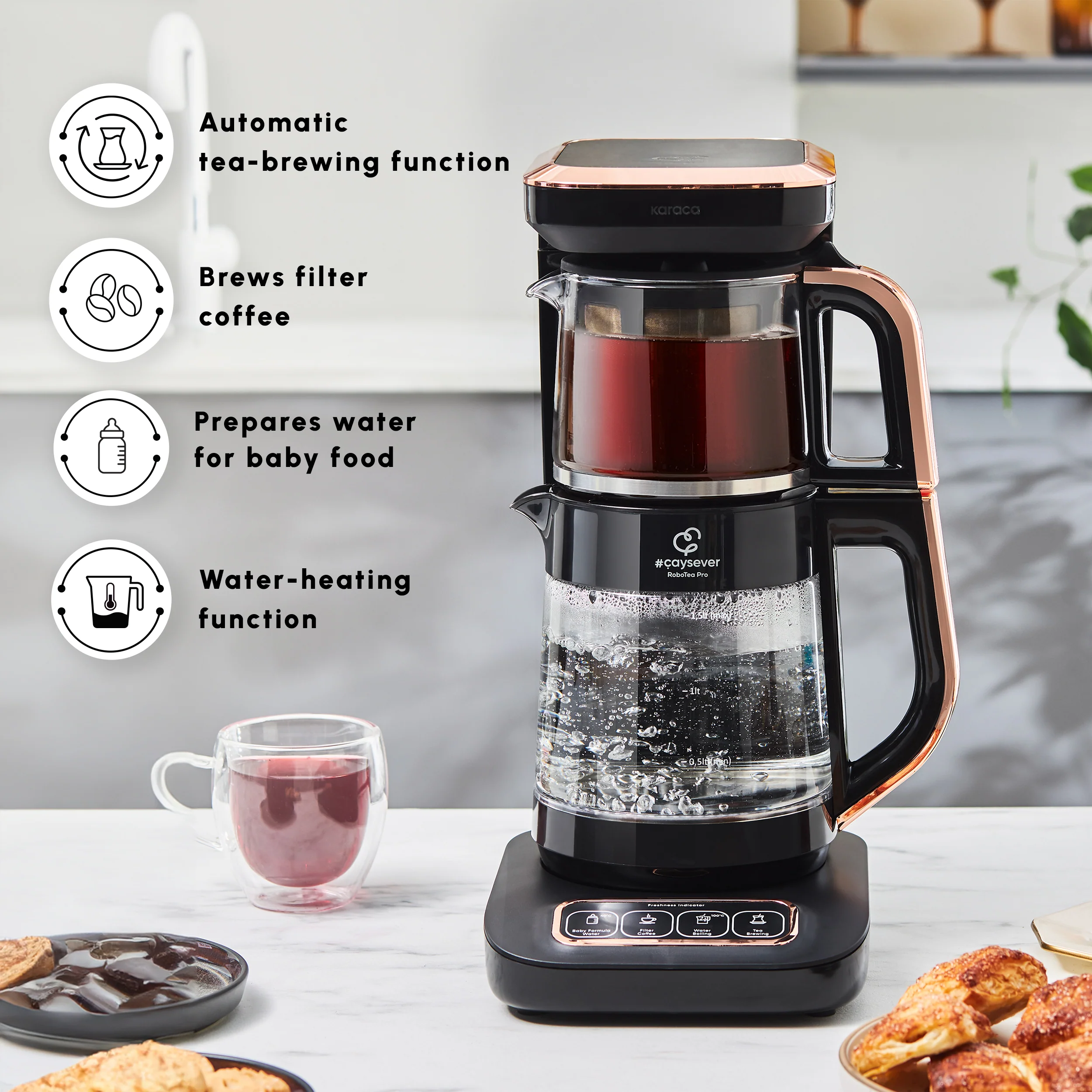 Karaca Çaysever Robotea Pro 4 in 1 Talking Automatic Glass Tea Maker, Water Heater, and Filter Coffee Brewing Machine, 2500W, Black Copper - Image 4