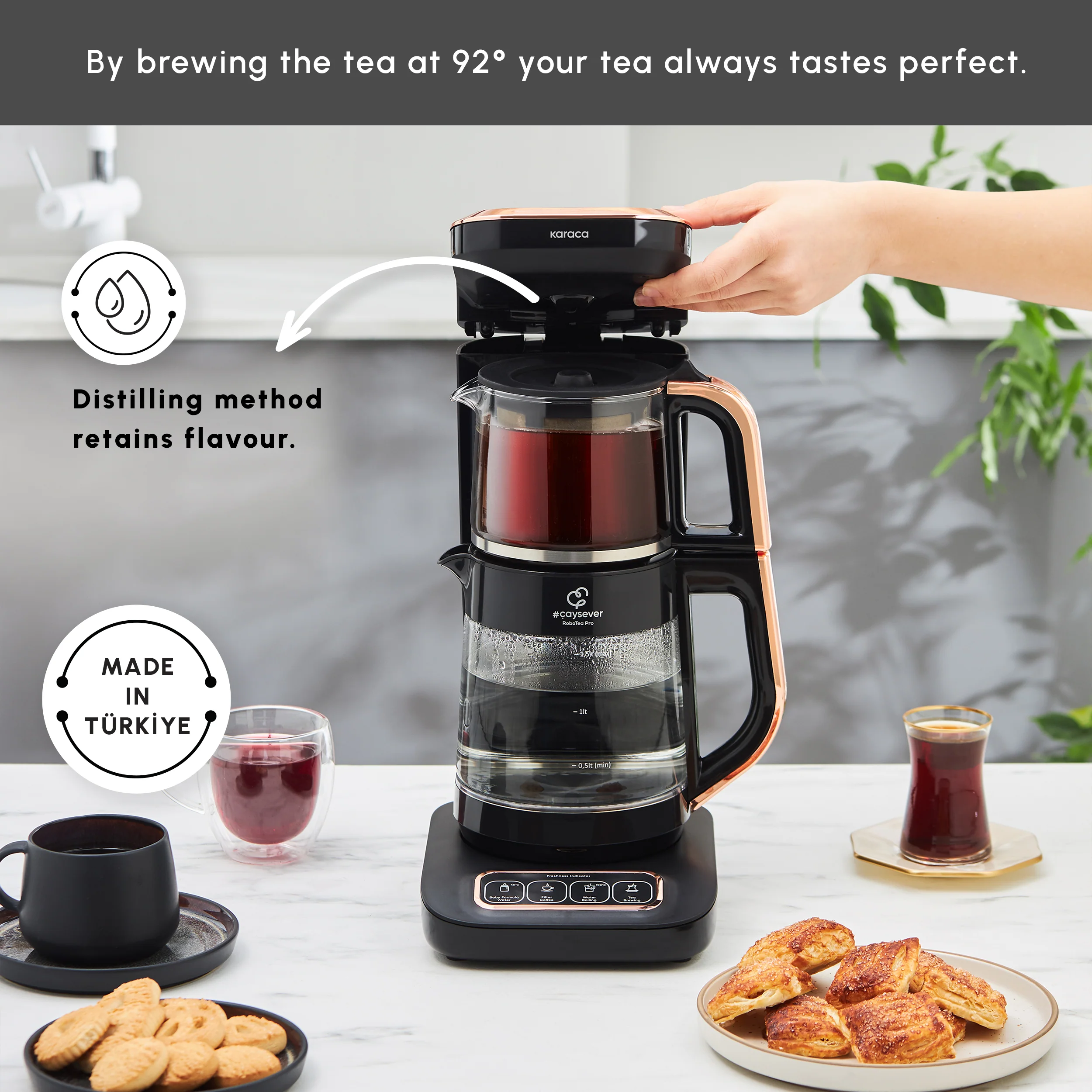 Karaca Çaysever Robotea Pro 4 in 1 Talking Automatic Glass Tea Maker, Water Heater, and Filter Coffee Brewing Machine, 2500W, Black Copper - Image 5