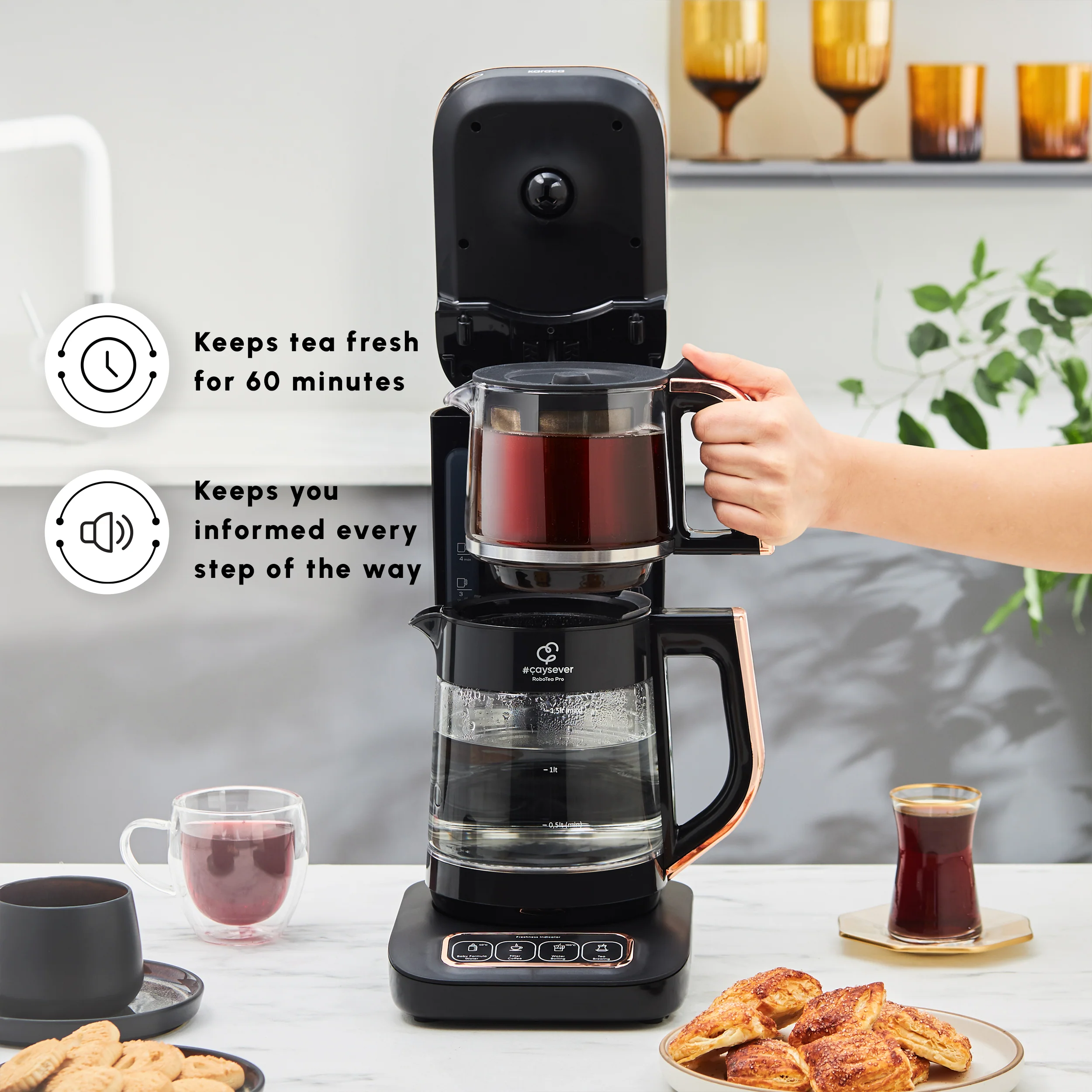Karaca Çaysever Robotea Pro 4 in 1 Talking Automatic Glass Tea Maker, Water Heater, and Filter Coffee Brewing Machine, 2500W, Black Copper - Image 6