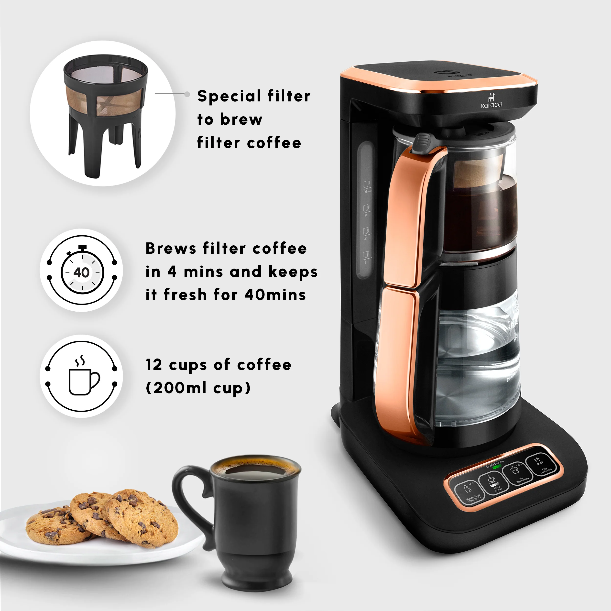 Karaca Çaysever Robotea Pro 4 in 1 Talking Automatic Glass Tea Maker, Water Heater, and Filter Coffee Brewing Machine, 2500W, Black Copper - Image 8