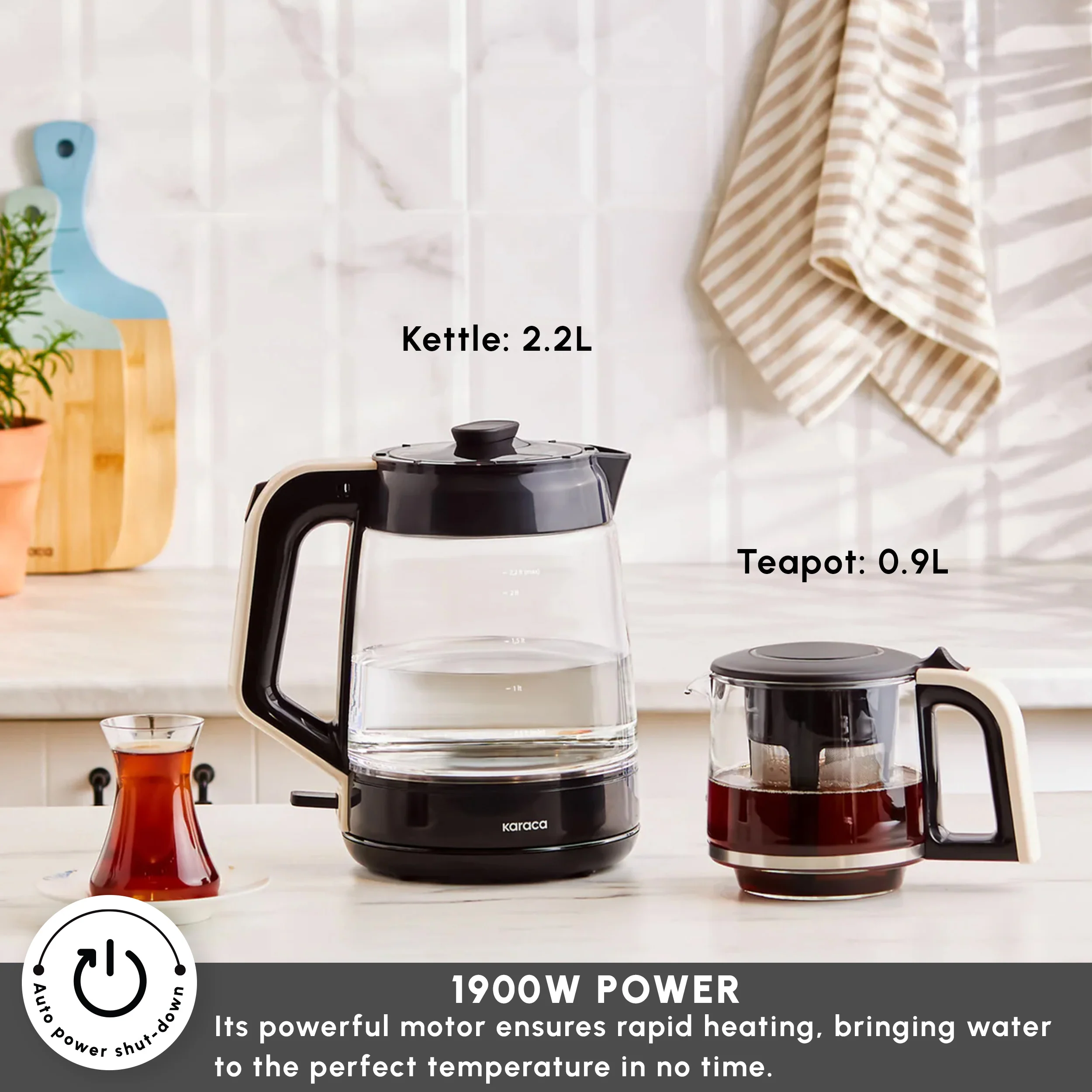 Karaca Glass Tea XL 2 in 1 Tea Maker Kettle, 1900W, Cream - Image 3