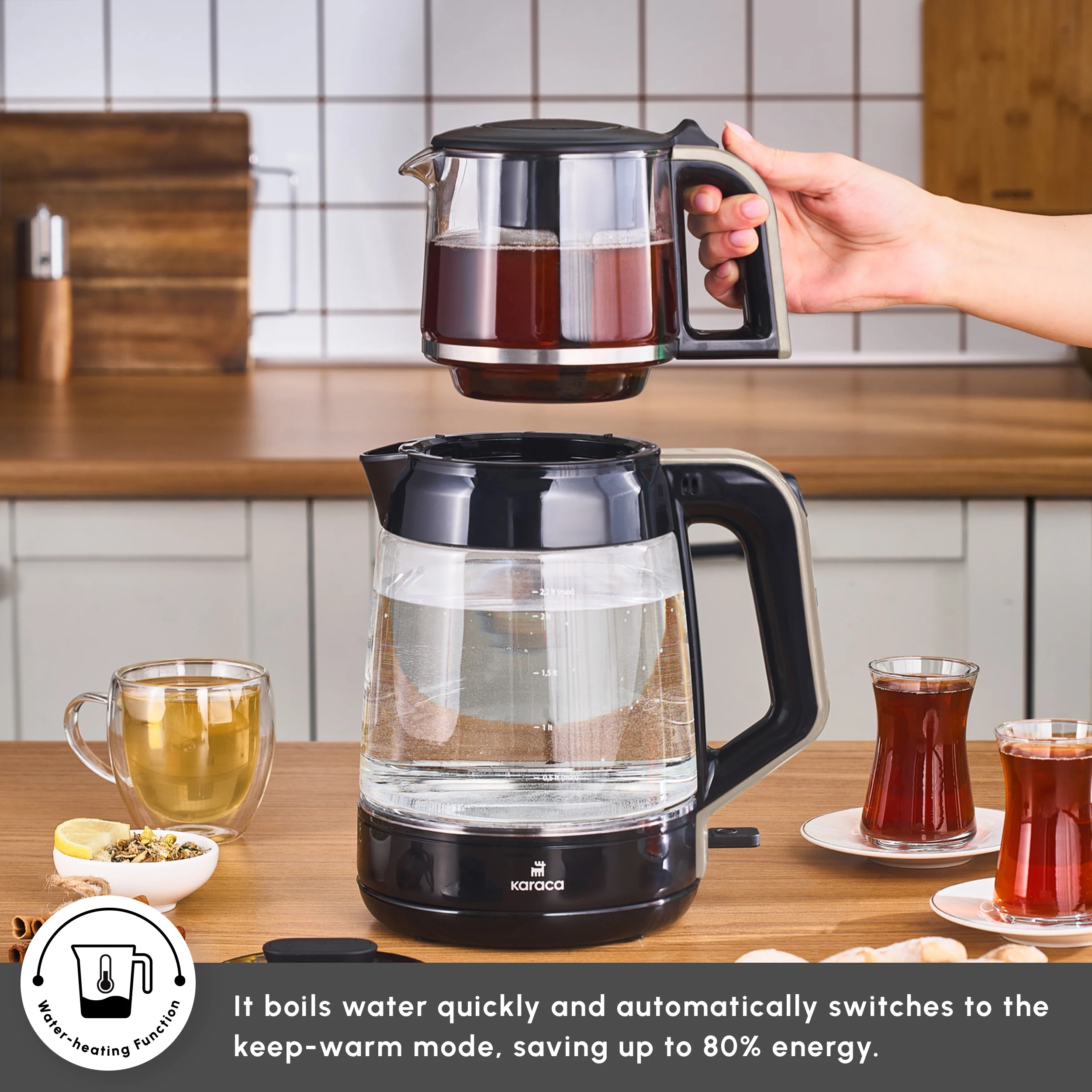 Karaca Glass Tea XL 2 in 1 Tea Maker Kettle, 1900W, Cream - Image 4