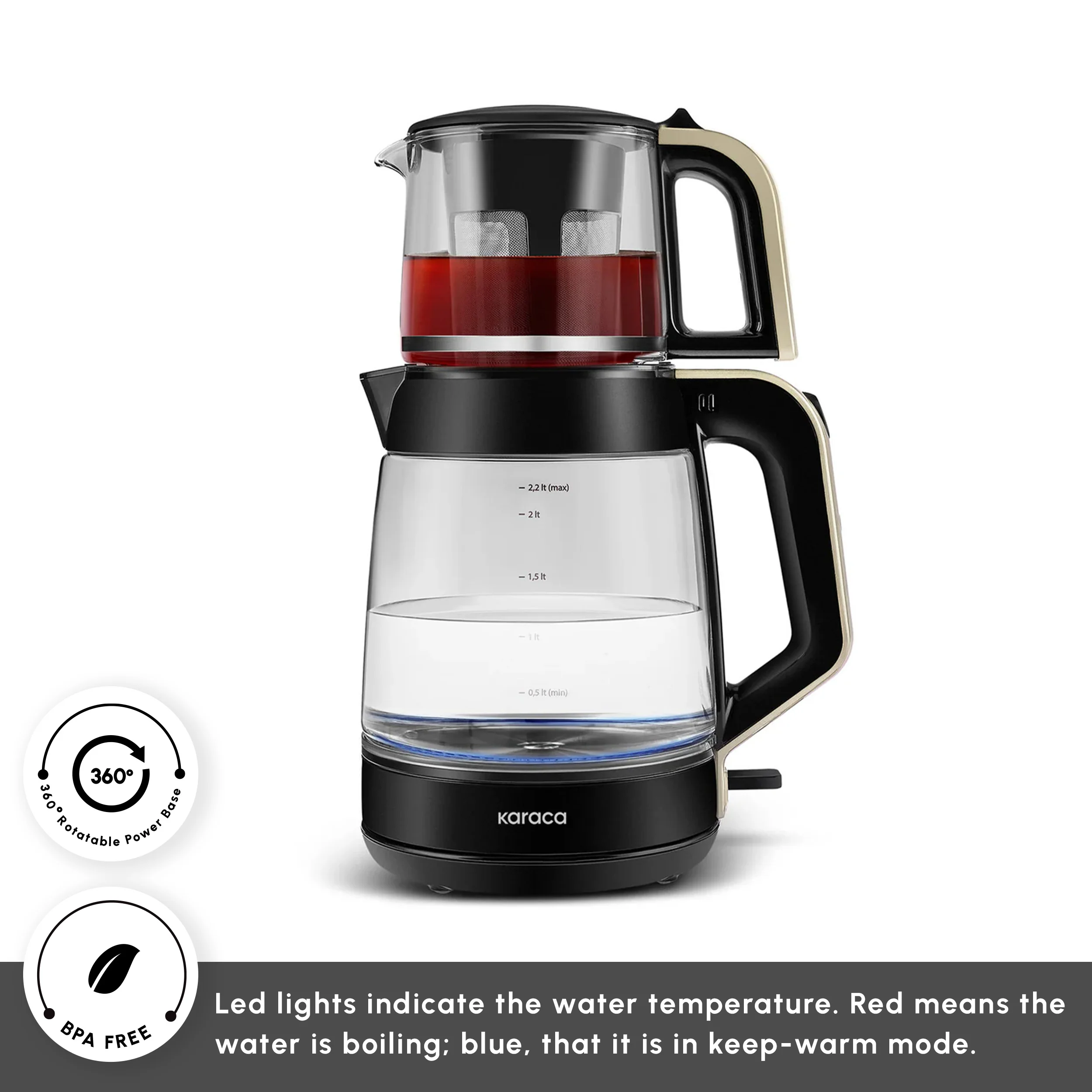 Karaca Glass Tea XL 2 in 1 Tea Maker Kettle, 1900W, Cream - Image 5