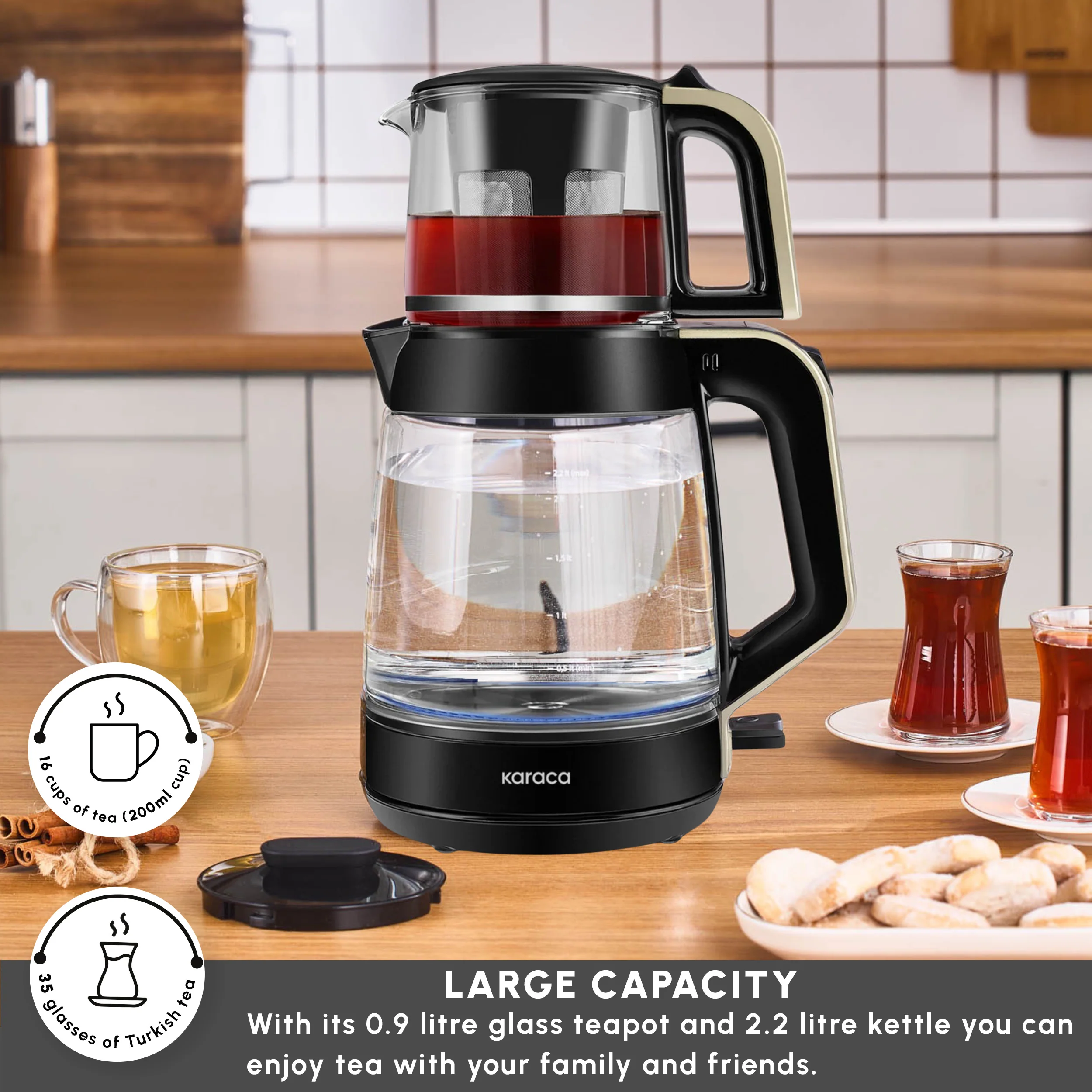 Karaca Glass Tea XL 2 in 1 Tea Maker Kettle, 1900W, Cream - Image 6