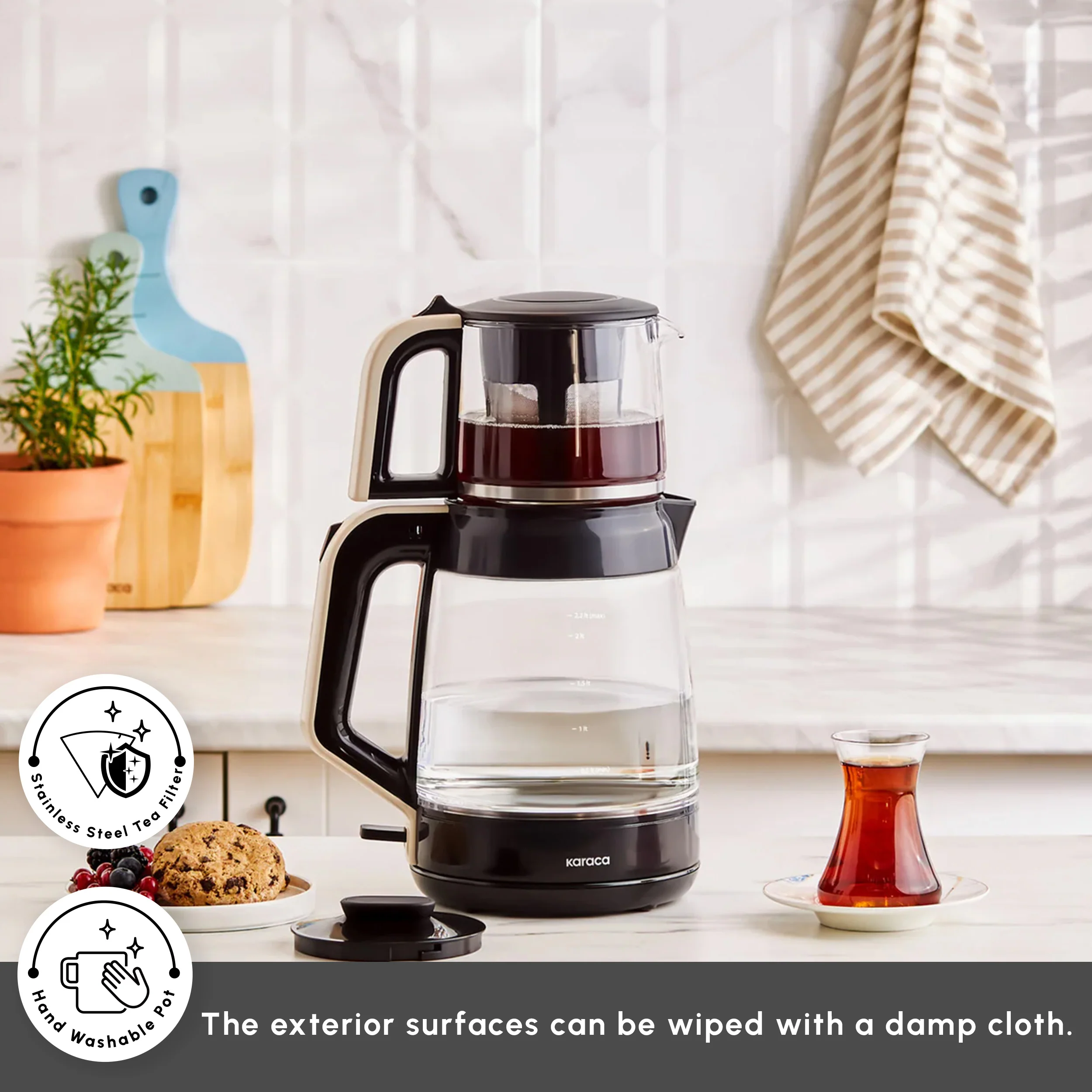Karaca Glass Tea XL 2 in 1 Tea Maker Kettle, 1900W, Cream - Image 7