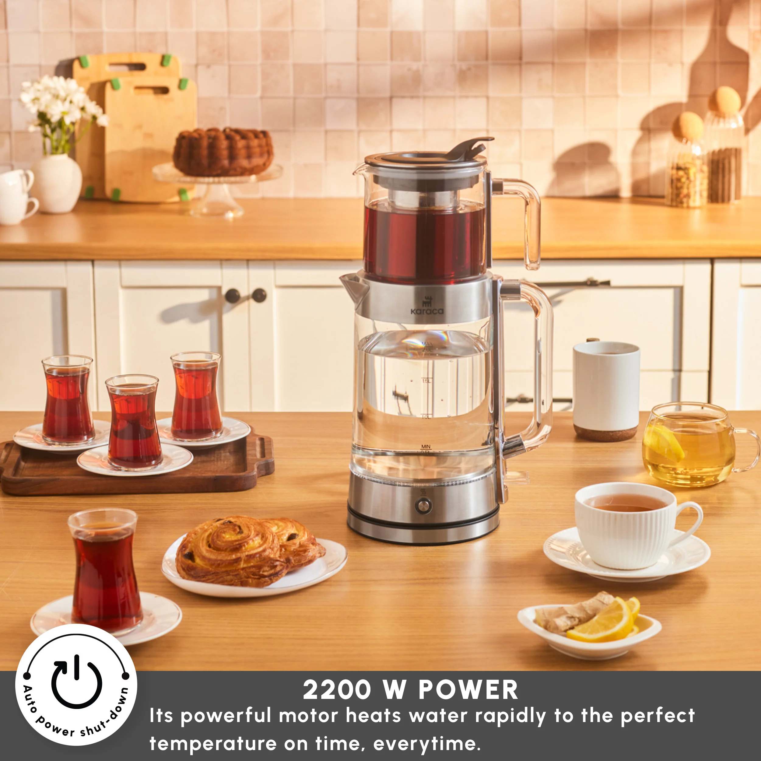 Karaca Luma Glass Large Tea Maker Kettle, 2,8L, 2200W, Clear - Image 3