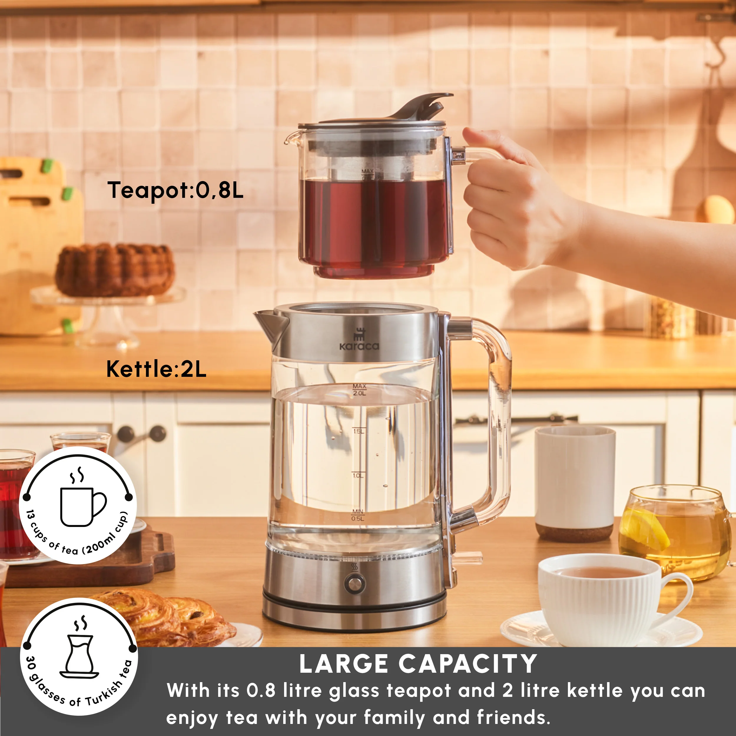 Karaca Luma Glass Large Tea Maker Kettle, 2,8L, 2200W, Clear - Image 4