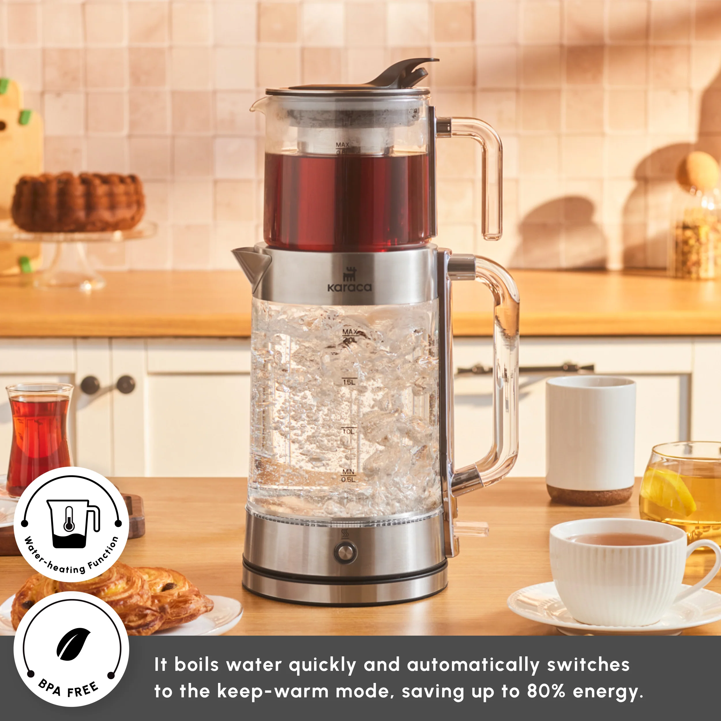 Karaca Luma Glass Large Tea Maker Kettle, 2,8L, 2200W, Clear - Image 5