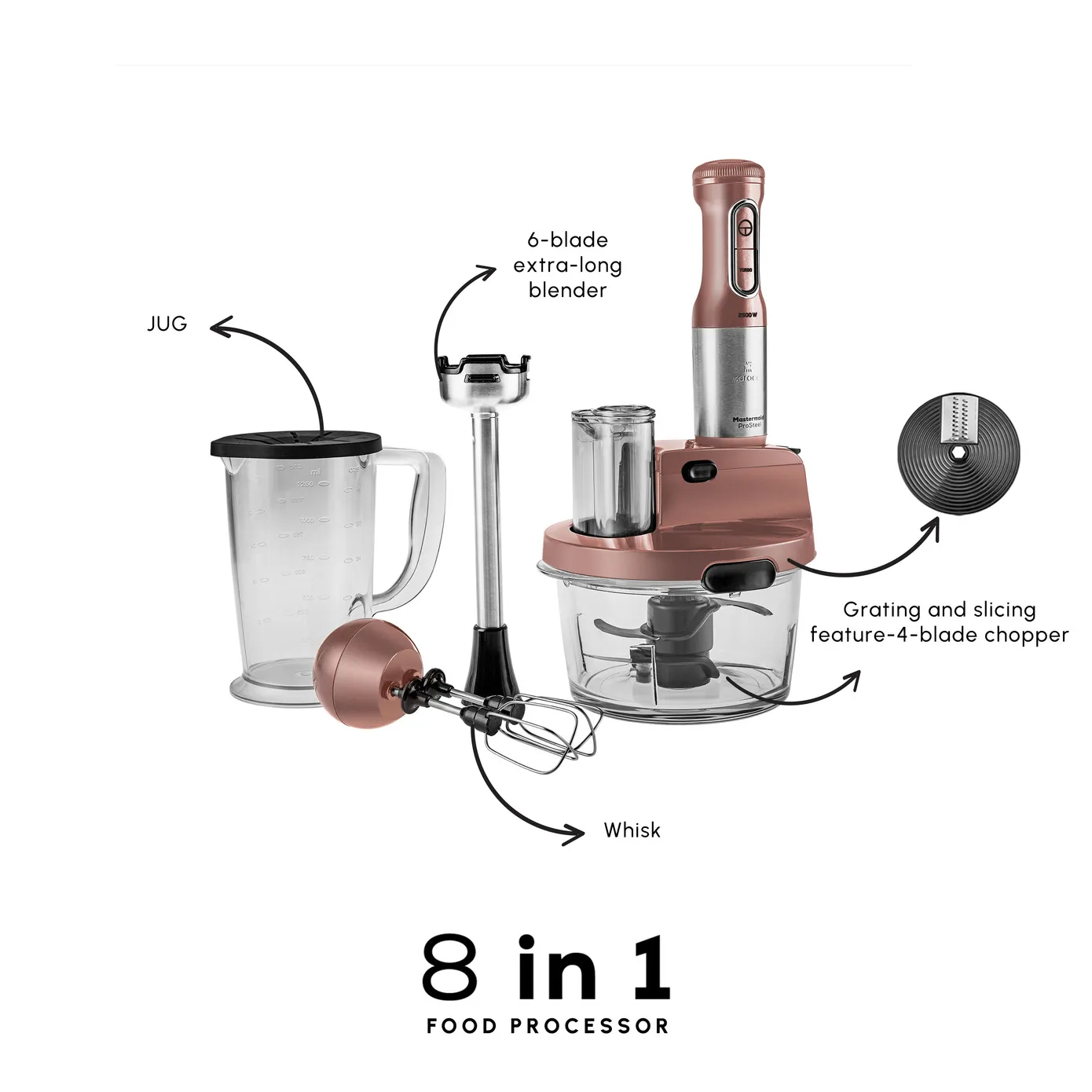 Karaca Mastermaid ProSteel Glass 8 in 1 Food Processor, 2500W, Rosegold