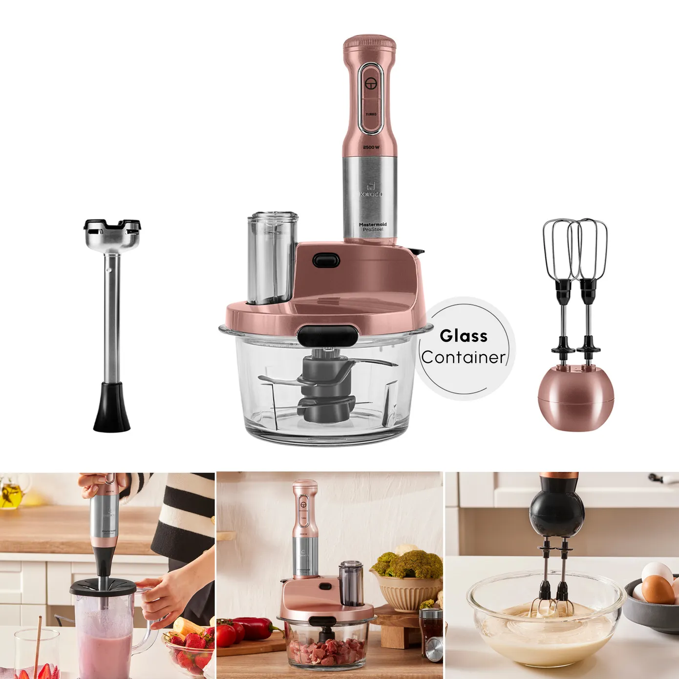 Karaca Mastermaid ProSteel Glass 8 in 1 Food Processor, 2500W, Rosegold - Image 2