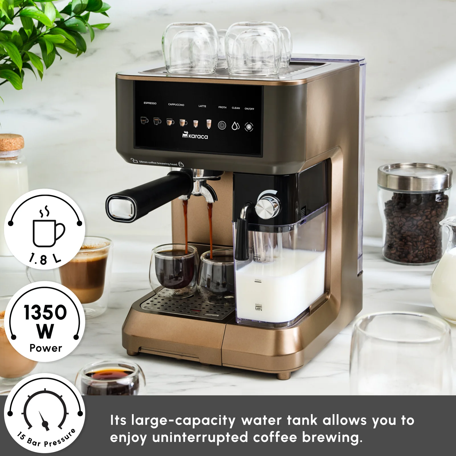 Karaca MyCaffe Barista S10 Espresso, Latte & Cappuccino Coffee Machine with Integrated Milk Tank, 1,8L, 1350W, Walnut Brown - Image 3