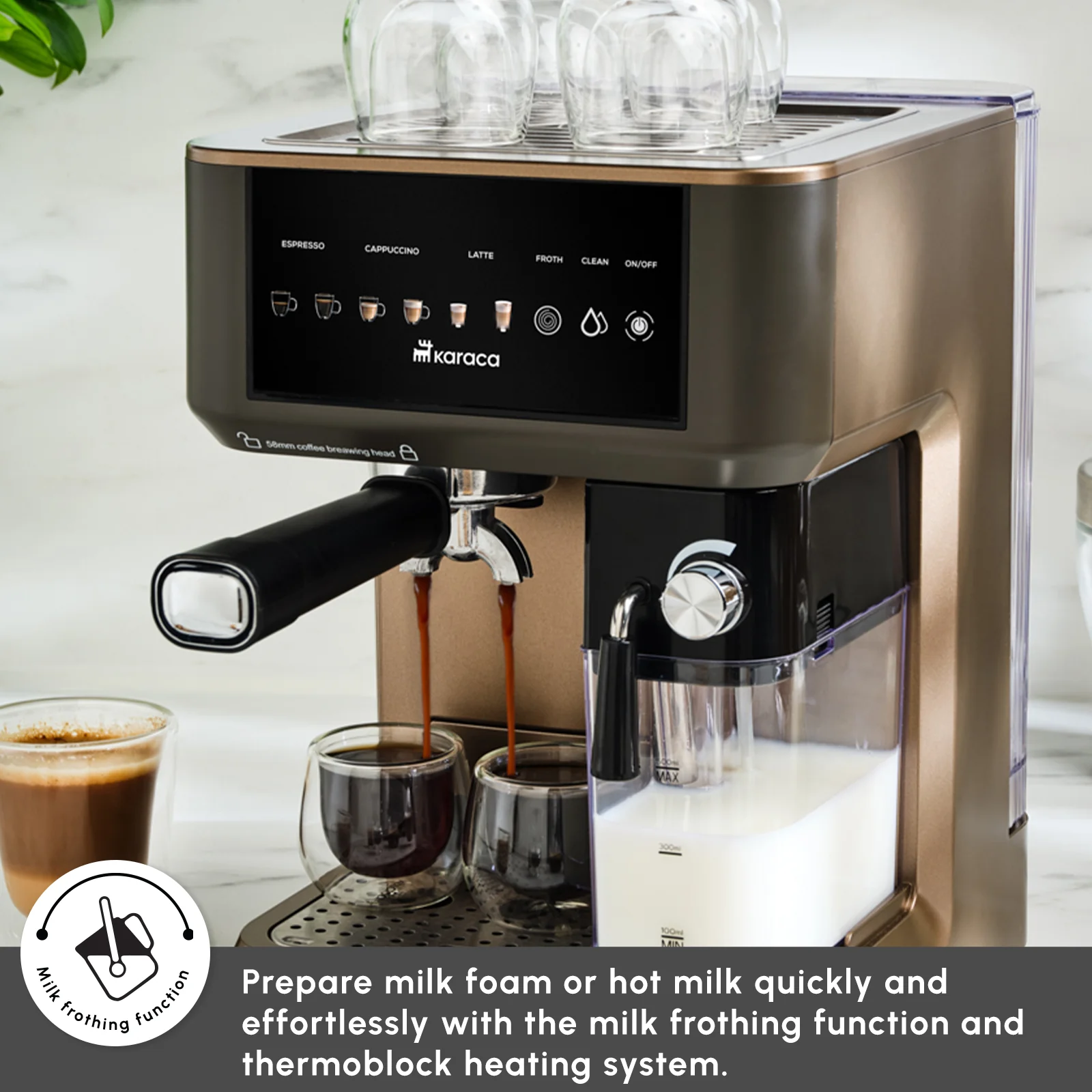Karaca MyCaffe Barista S10 Espresso, Latte & Cappuccino Coffee Machine with Integrated Milk Tank, 1,8L, 1350W, Walnut Brown - Image 4