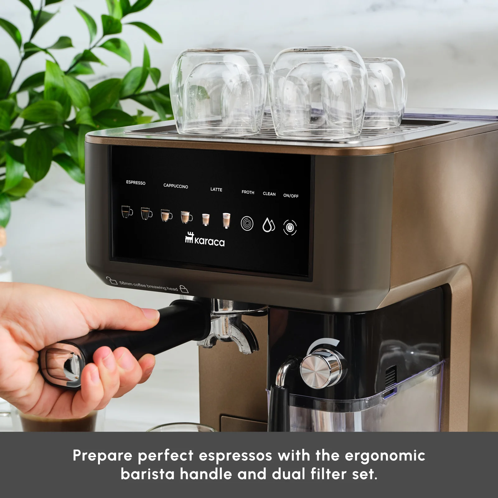 Karaca MyCaffe Barista S10 Espresso, Latte & Cappuccino Coffee Machine with Integrated Milk Tank, 1,8L, 1350W, Walnut Brown - Image 6