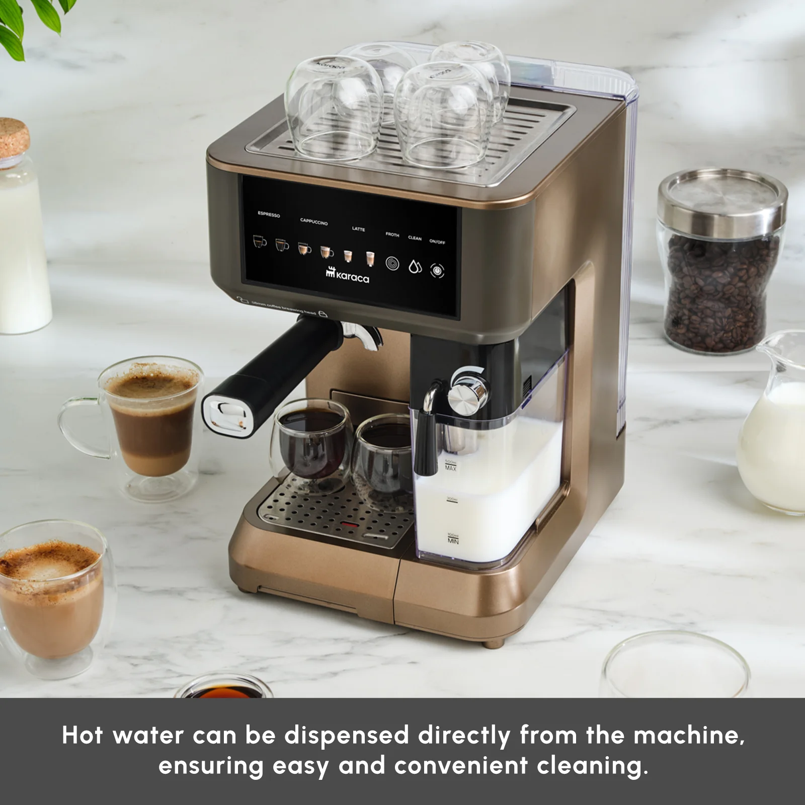 Karaca MyCaffe Barista S10 Espresso, Latte & Cappuccino Coffee Machine with Integrated Milk Tank, 1,8L, 1350W, Walnut Brown - Image 9