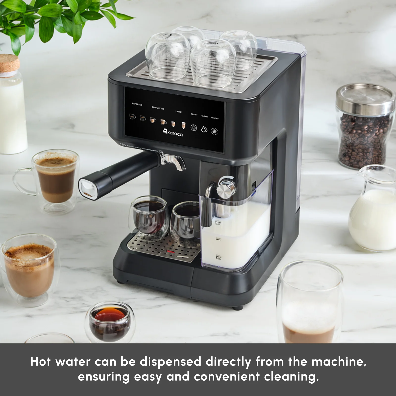 Karaca MyCaffe Barista S10 Espresso, Latte & Cappuccino Coffee Machine with Integrated Milk Tank, 1,8L, 1350W, Matte Black - Image 9