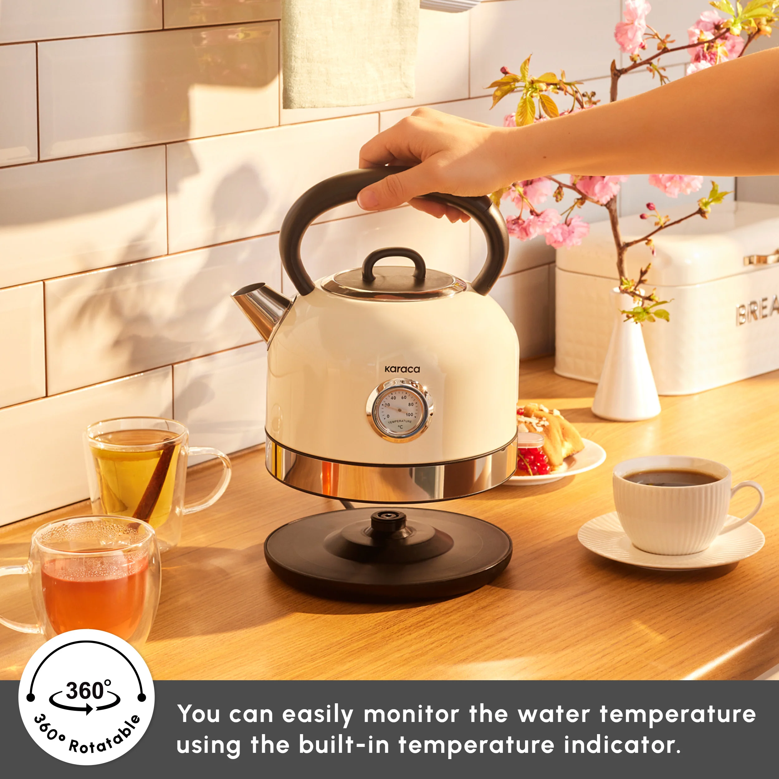 Karaca Retro 2202 Electiric Kettle, 2200W, 1,7L, Cream - Image 4