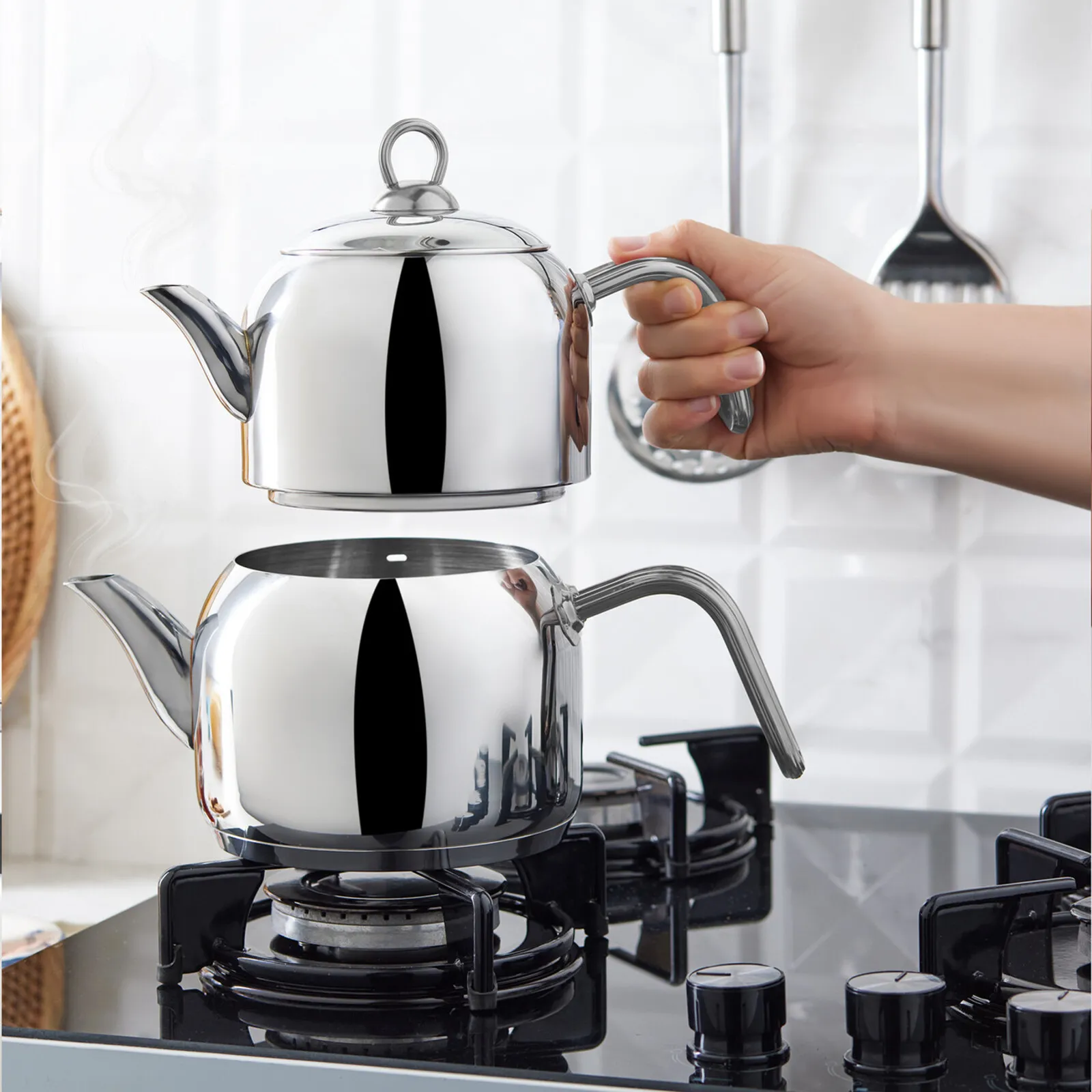 Karaca Urban Metal Teapot Set, Medium, 30cm, Silver - Image 3