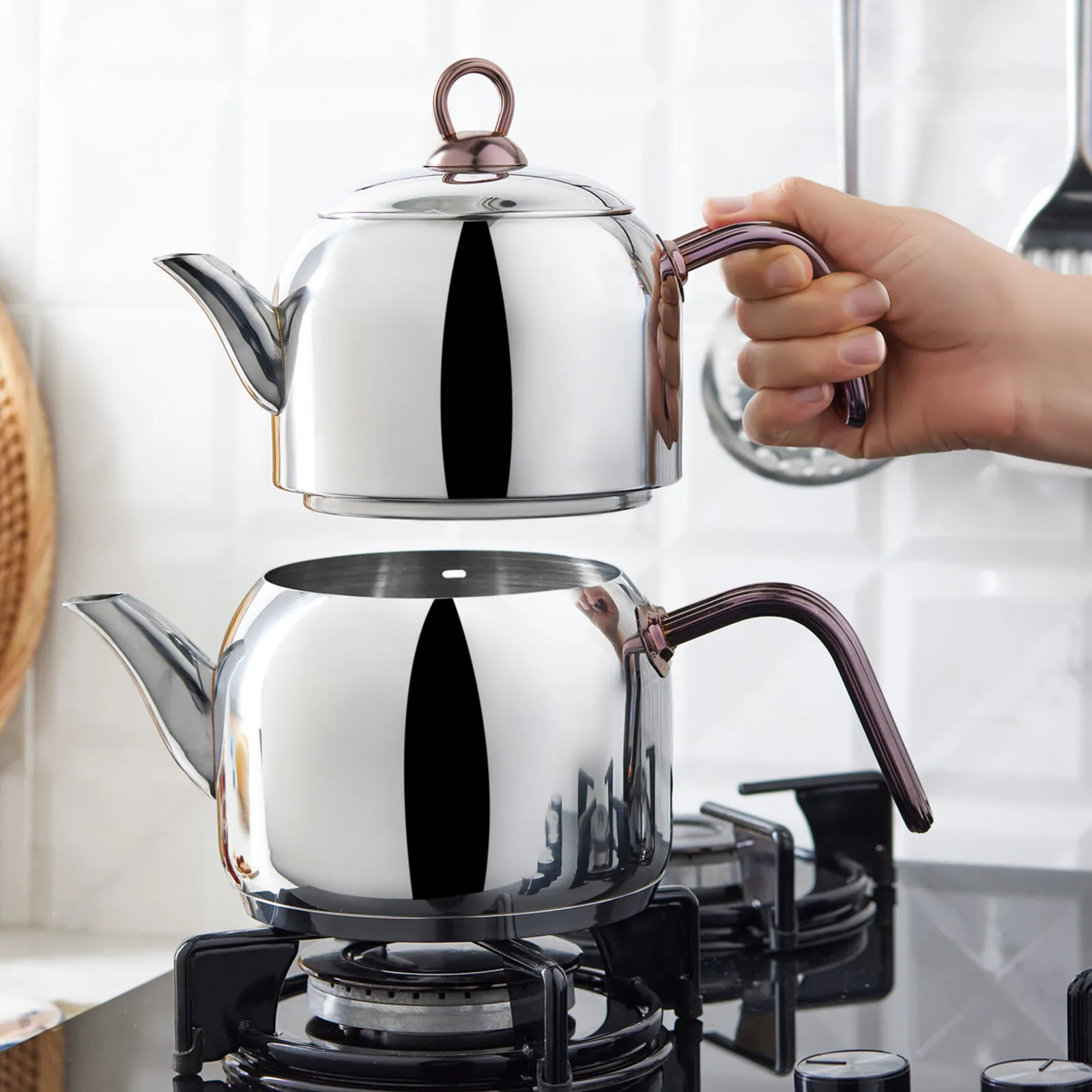 Karaca Urban Stainless Steel Induction Teapot Set, Medium, Rosegold Silver - Image 4