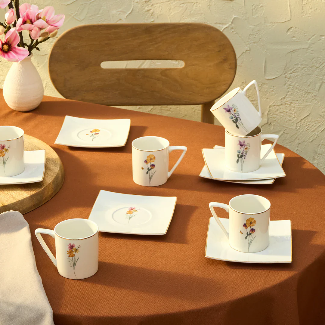 Karaca Valencia 12-Piece Bone China Tea Cup and Saucer Set for 6 People, 190 ml, Multi - Image 5