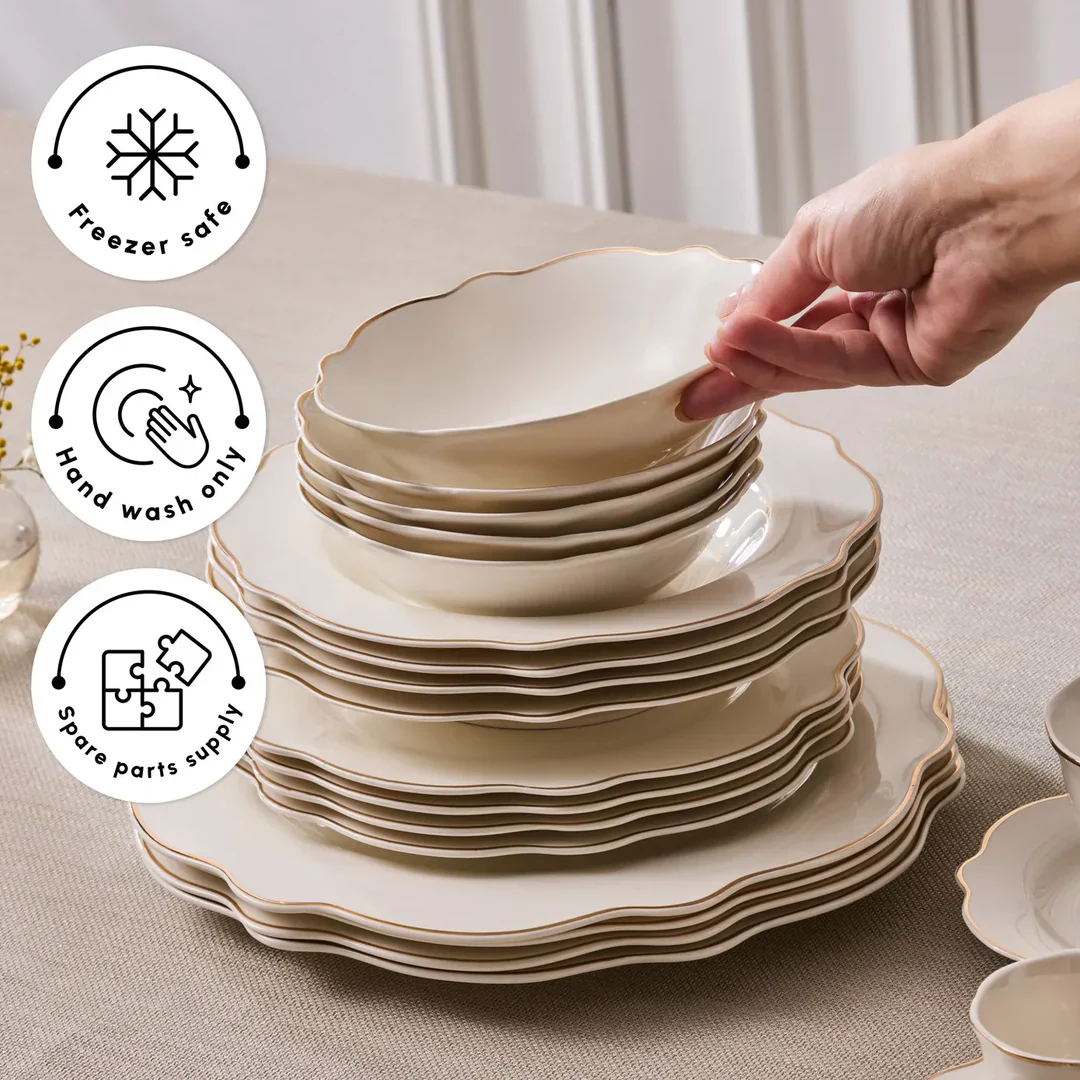 Karaca Vera Gold 59-Piece Half Square Porcelain Dinner Set for 12 People, Gold - Image 3