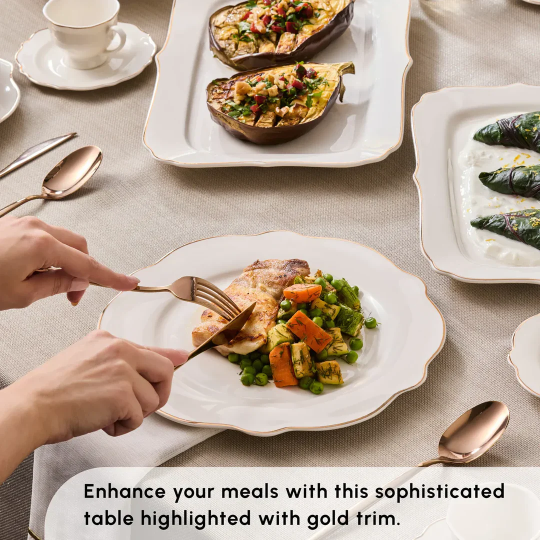 Karaca Vera Gold 59-Piece Half Square Porcelain Dinner Set for 12 People, Gold - Image 4