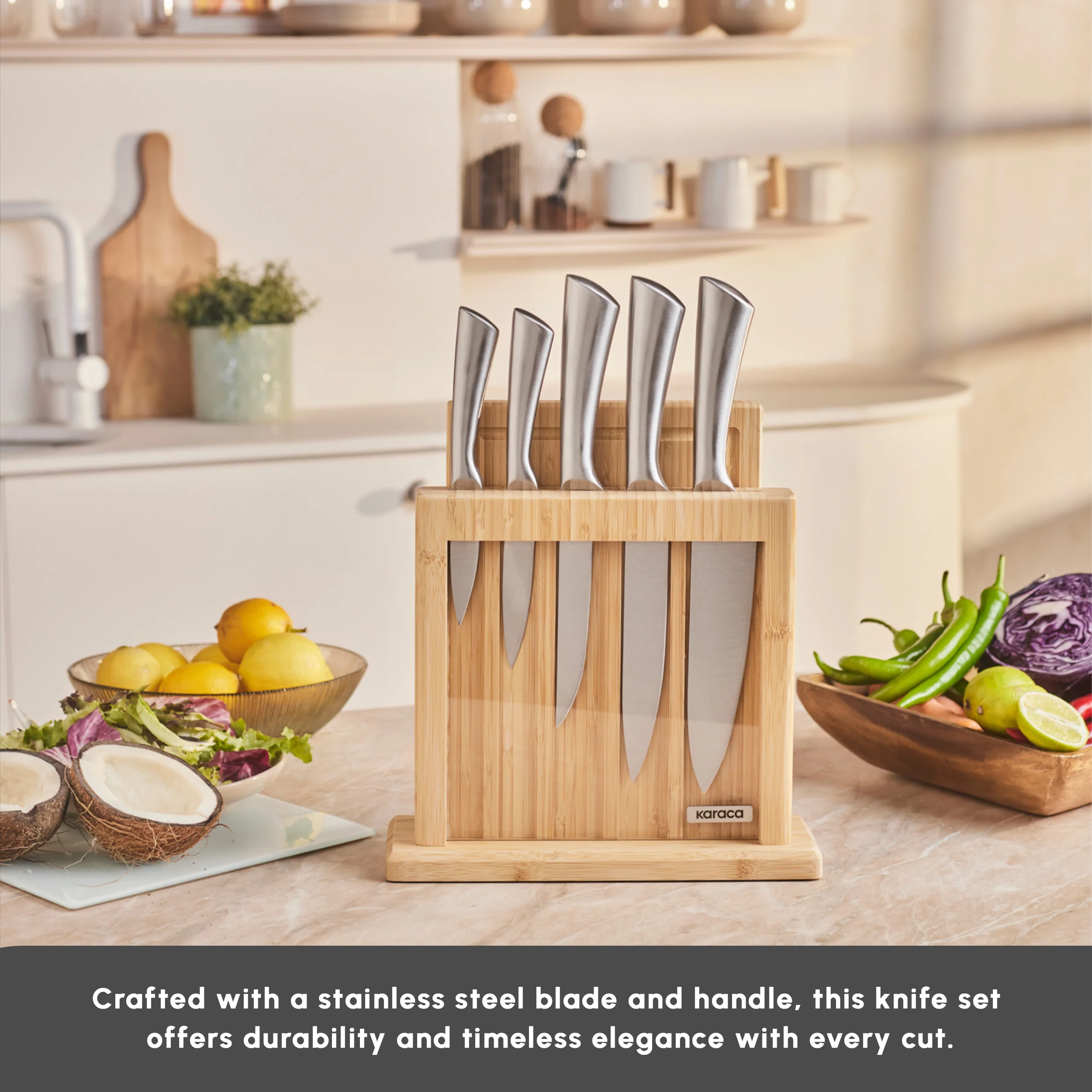Karaca Vigor 7-Piece Knife Set and Chopping Board, Wood - Image 4