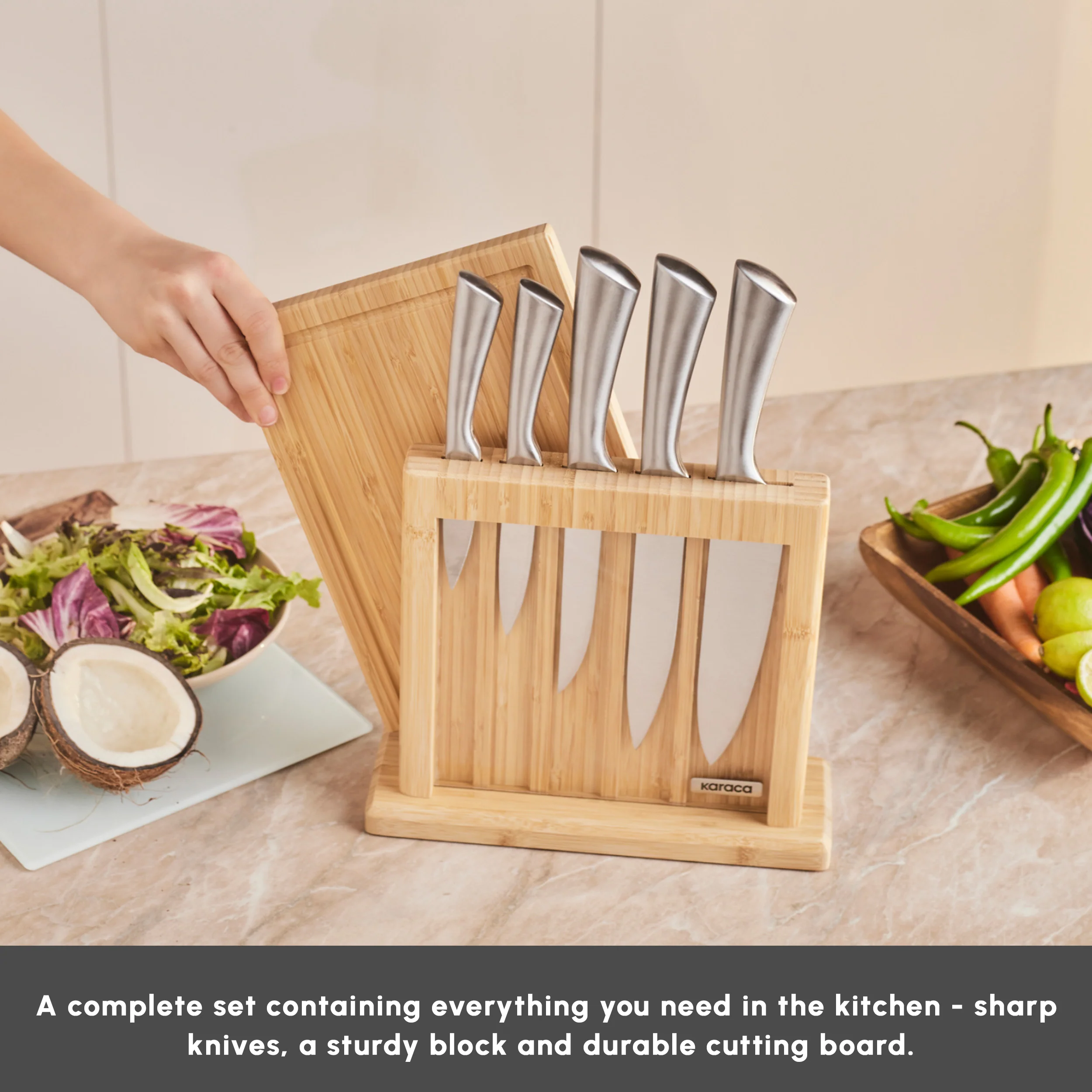 Karaca Vigor 7-Piece Knife Set and Chopping Board, Wood - Image 5